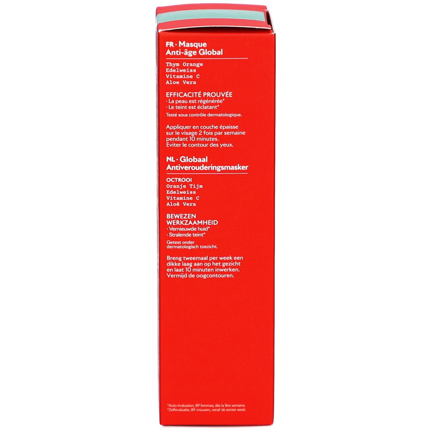 Côté de la boîte rouge. Texte multilingue: utilisation, ingrédients, certification BIO.