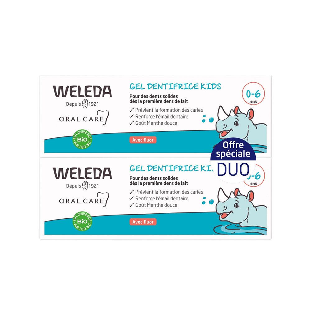 Deux tubes de Gel Dentifrice Kids 0-6 ans WELEDA. Emballage bleu et blanc. Avec label bio et illustration de rhinocéros.