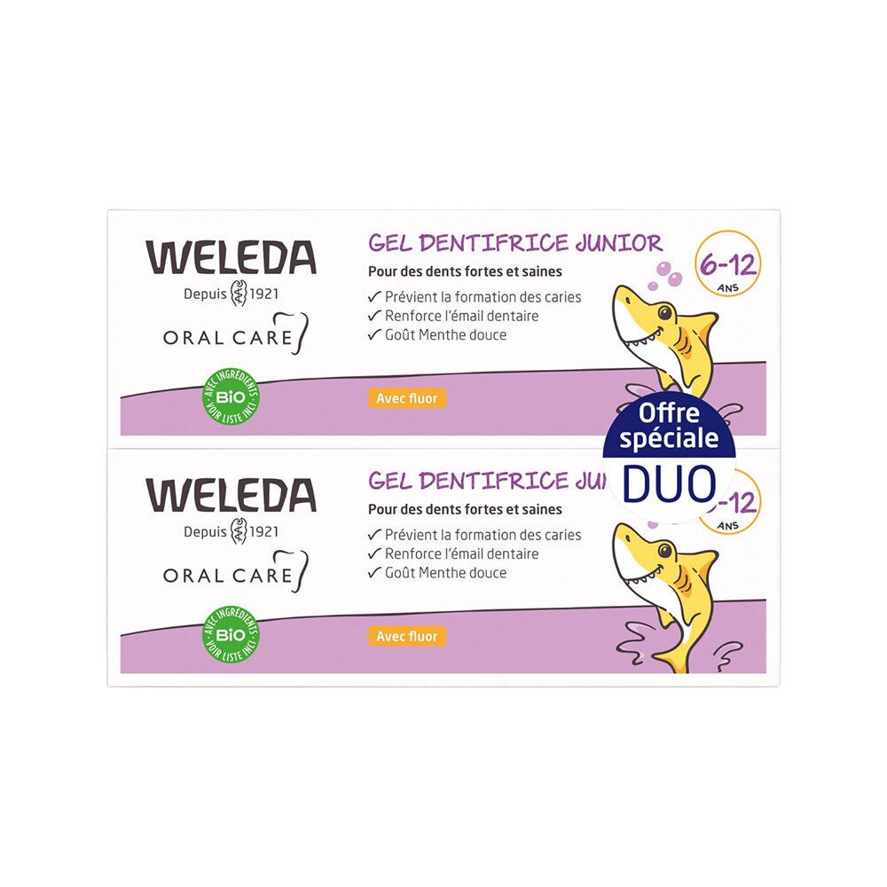 Deux tubes de Gel Dentifrice Junior WELEDA. Inscription: Gel Dentifrice Junior, 6-12 ans. Avec label bio et illustration de requin.