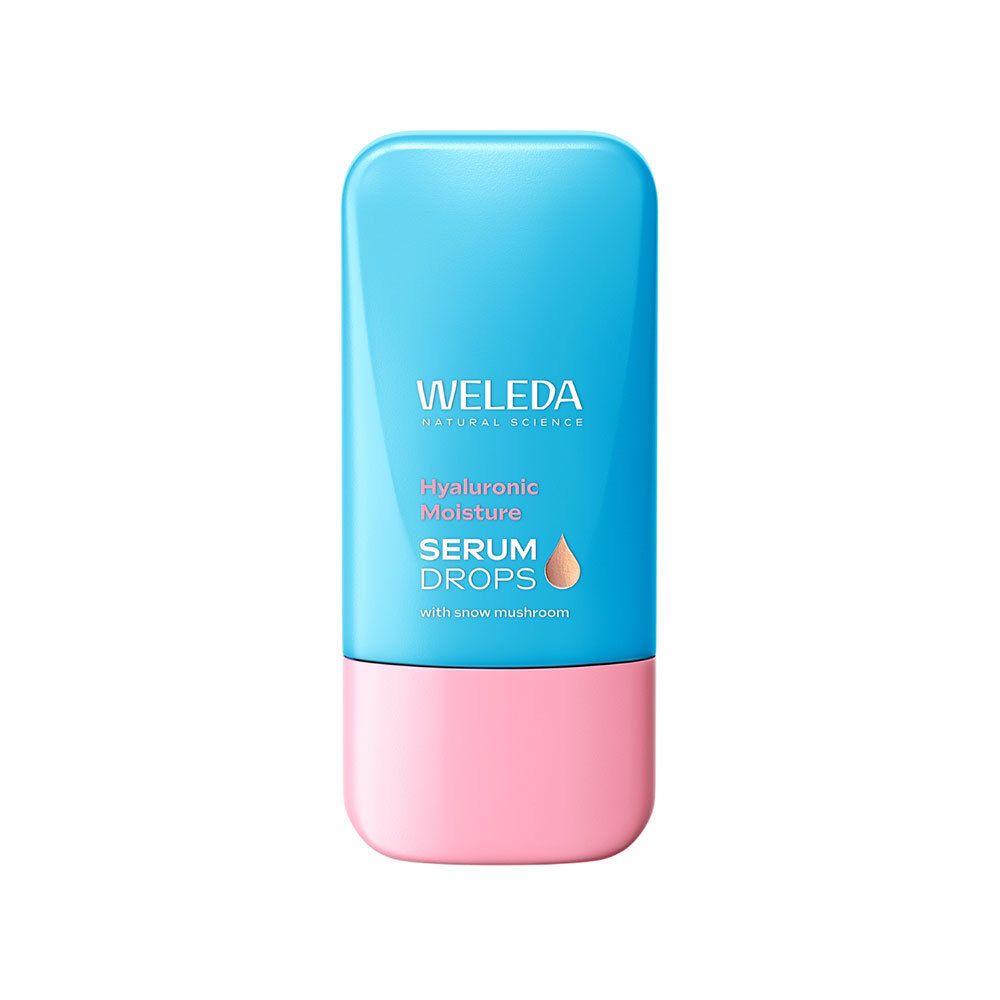 Flacon bleu et rose. Logo WELEDA. Sérum Drops Hyaluronic Moisture. Symbole goutte. Flacon aux coins arrondis.
