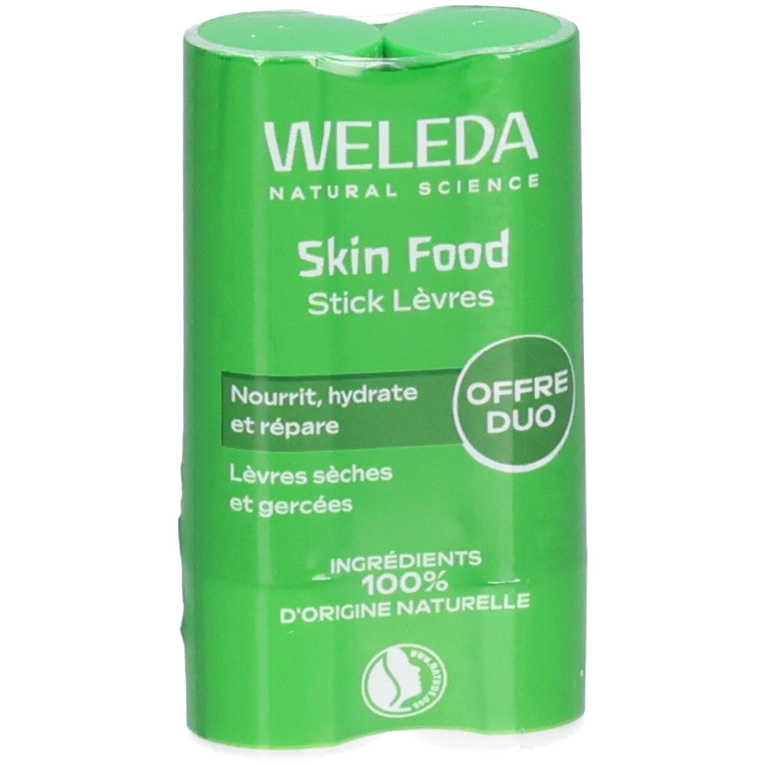 Pack de deux sticks lèvres verts. Inscription: WELEDA, Skin Food Stick Lèvres. Texte: Nourrit, hydrate et répare. Pour lèvres sèches et gercées.
