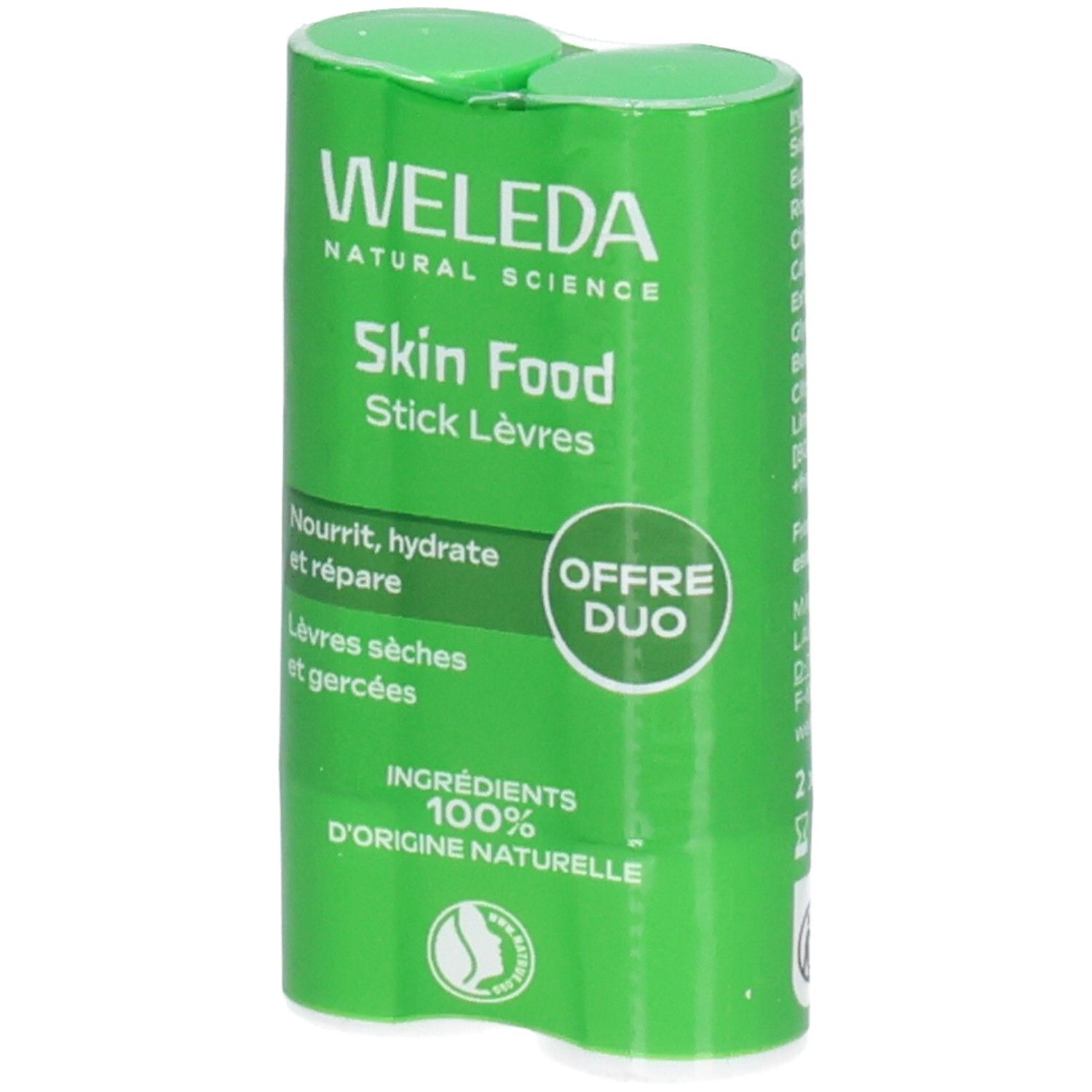 Pack de deux sticks lèvres verts. Inscription: WELEDA, Skin Food Stick Lèvres. Texte: Nourrit, hydrate et répare. Pour lèvres sèches et gercées.