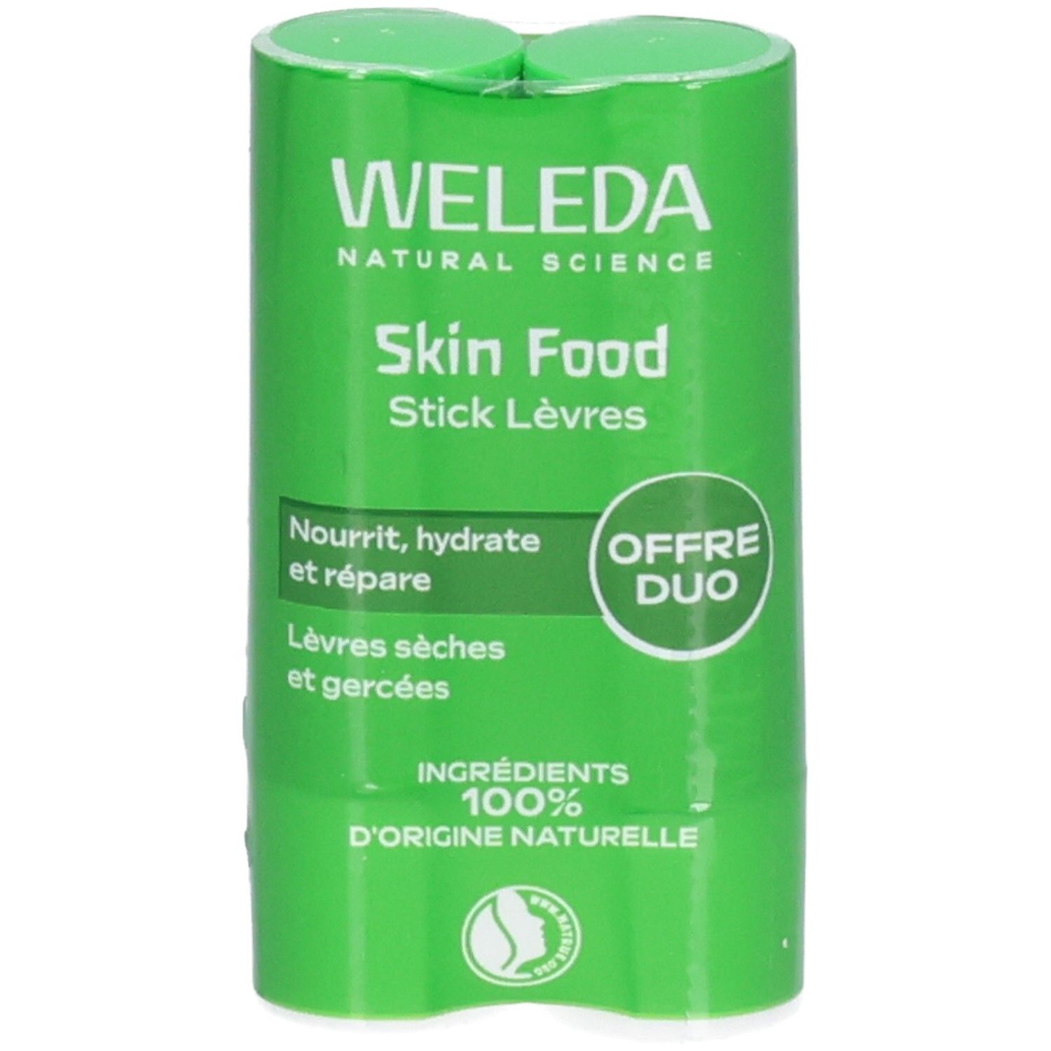 Pack de deux sticks lèvres verts. Inscription: WELEDA, Skin Food Stick Lèvres. Texte: Nourrit, hydrate et répare. Pour lèvres sèches et gercées.