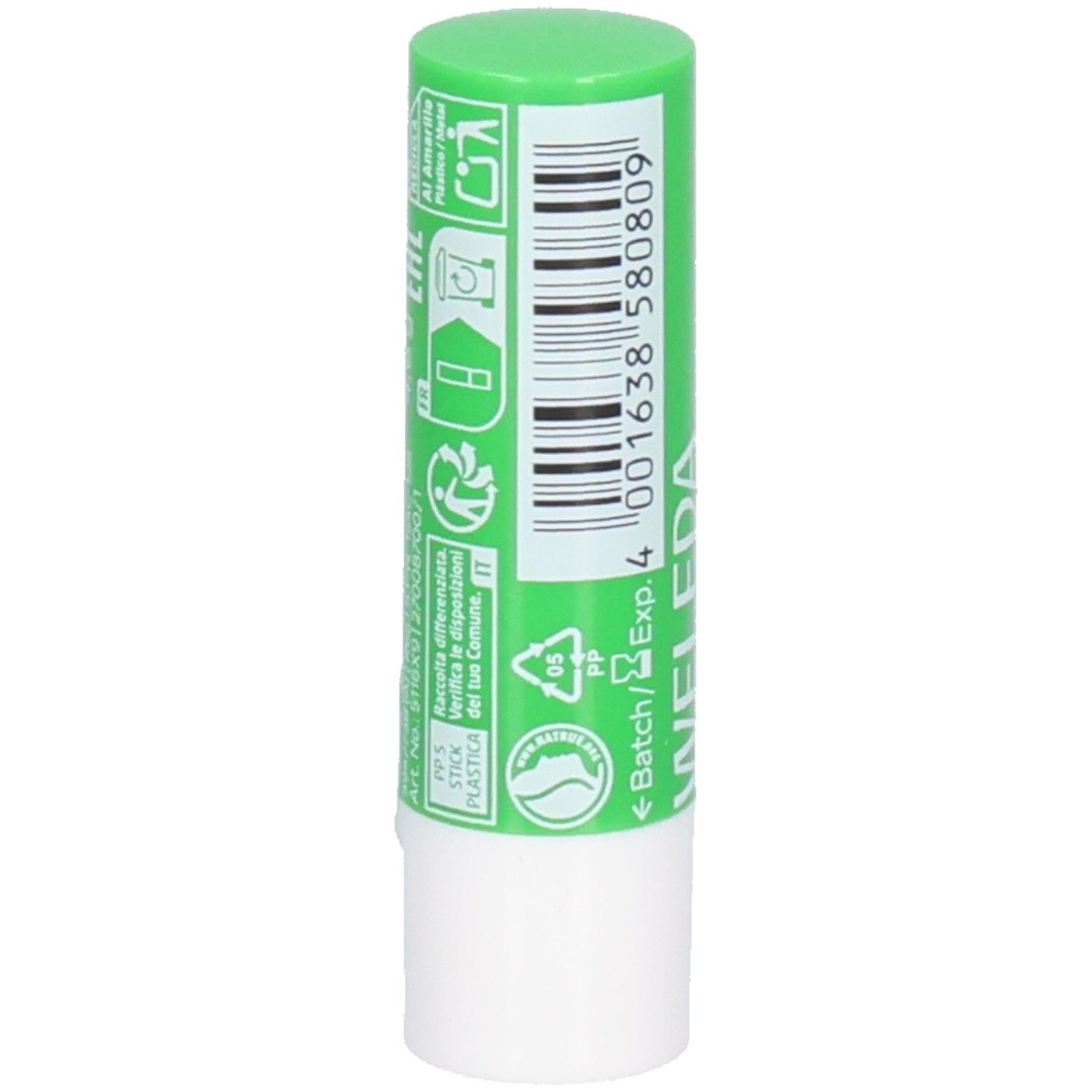 Stick à lèvres vert et blanc. Verso avec texte et symboles.
