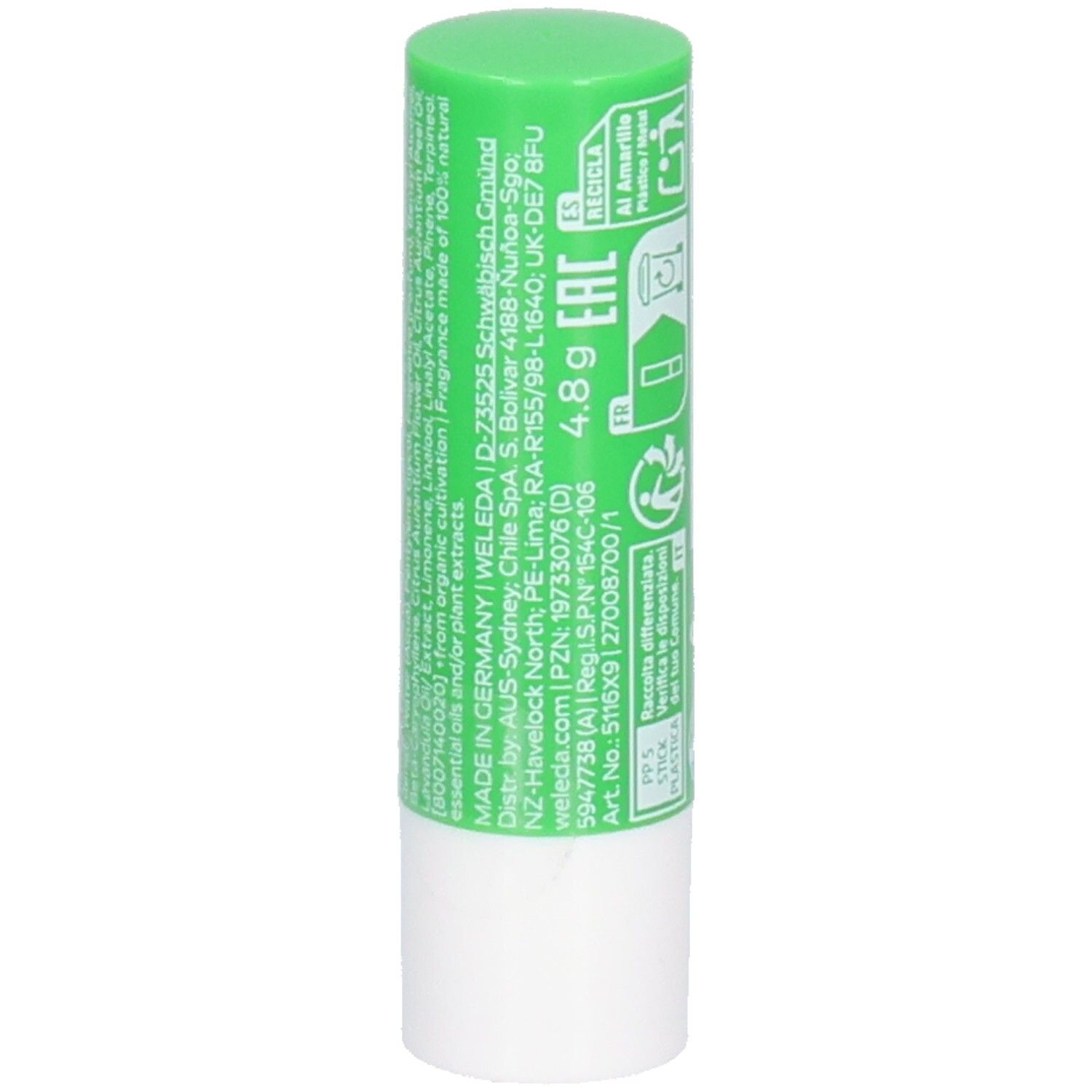 Stick à lèvres vert et blanc. Inscription: 4,8g, ingrédients, origine.