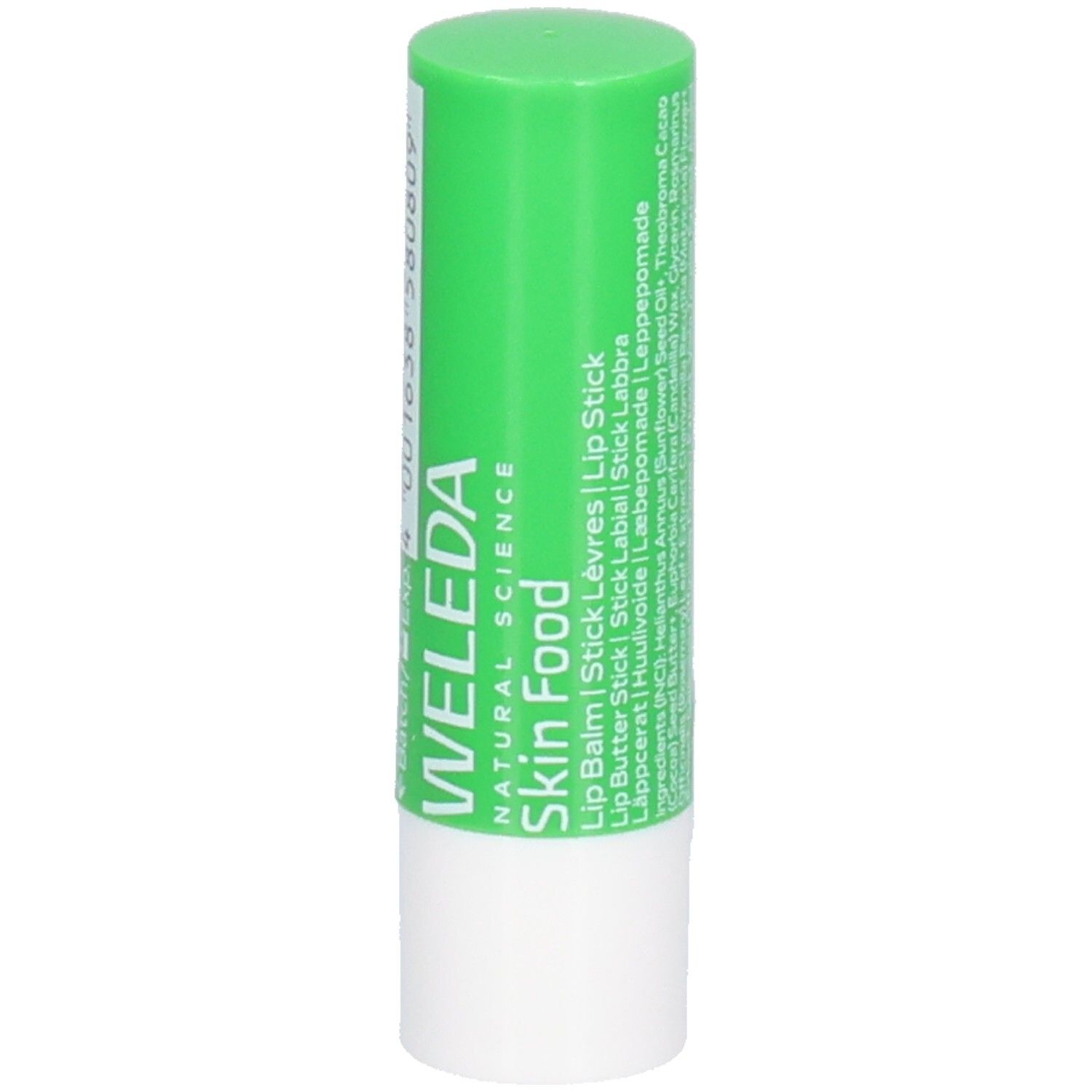 Stick à lèvres vert et blanc. Inscription: WELEDA Skin Food, Lip Balm, Stick Lèvres.