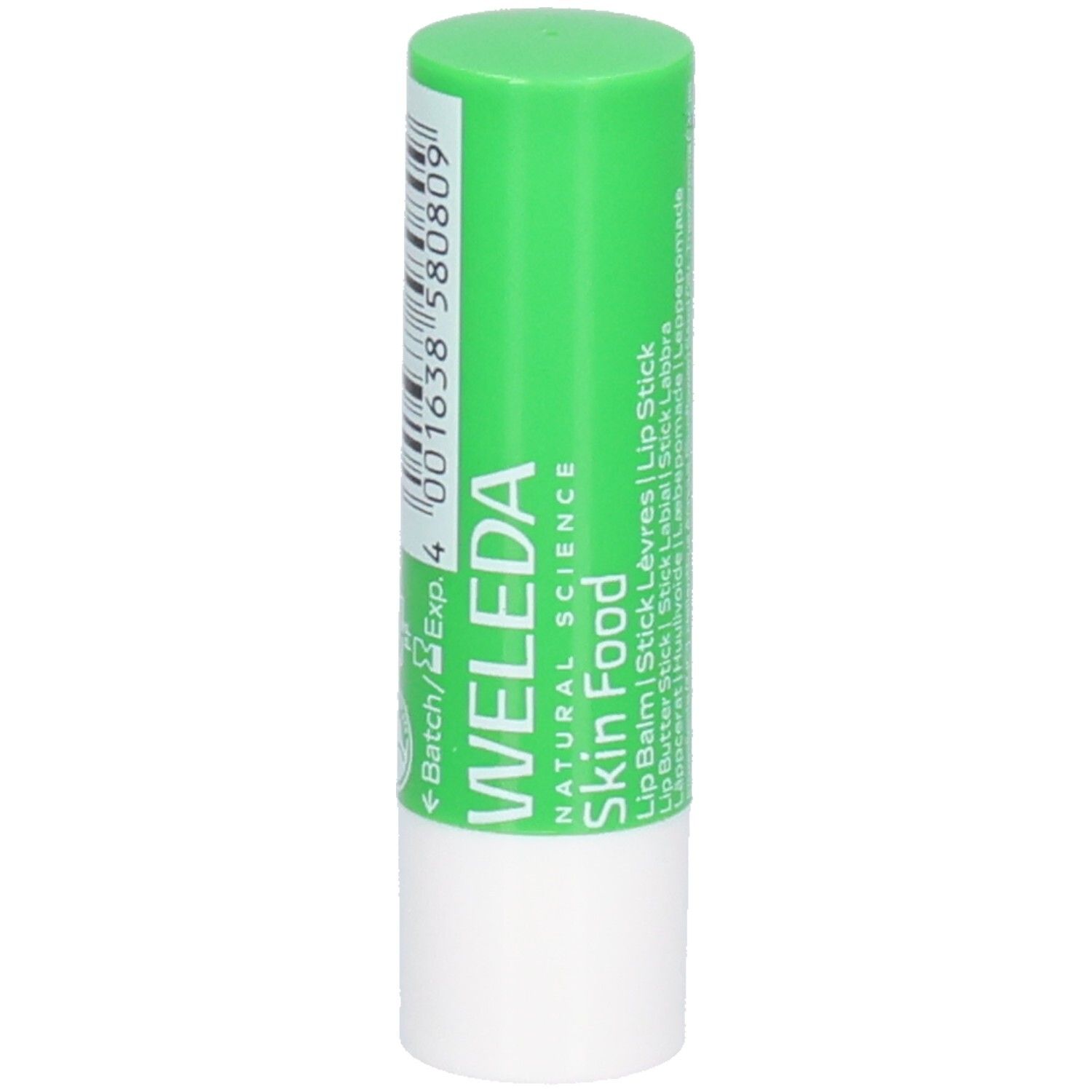 Stick à lèvres vert et blanc. Inscription: WELEDA Skin Food, Lip Balm, Stick Lèvres.
