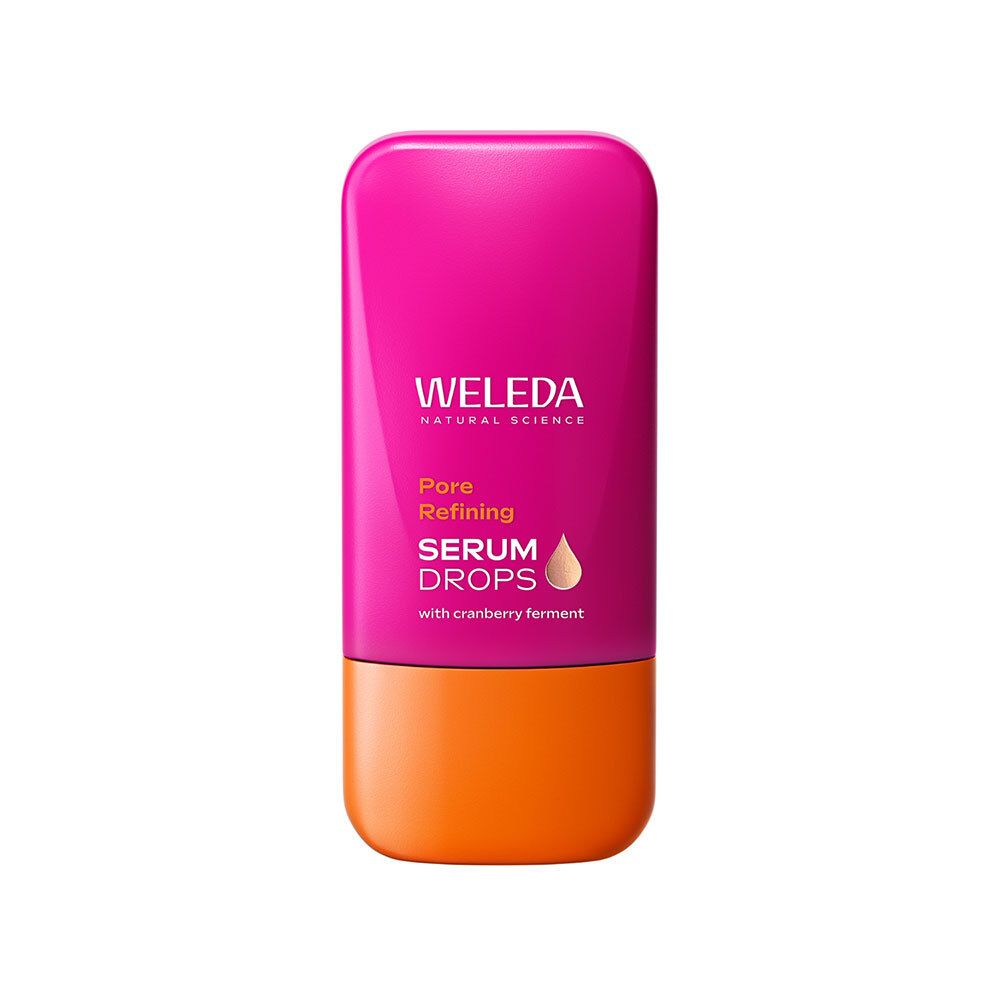 Flacon cylindrique rose et orange. Logo WELEDA et nom du produit. Symbole de goutte. Texte : Pore Refining Serum Drops.