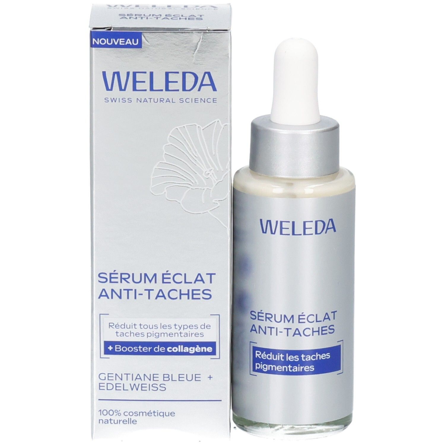 Flacon et boîte du produit. Inscription : WELEDA, Sérum éclat anti-taches. Texte bleu : Réduit les taches pigmentaires. Avec booster.