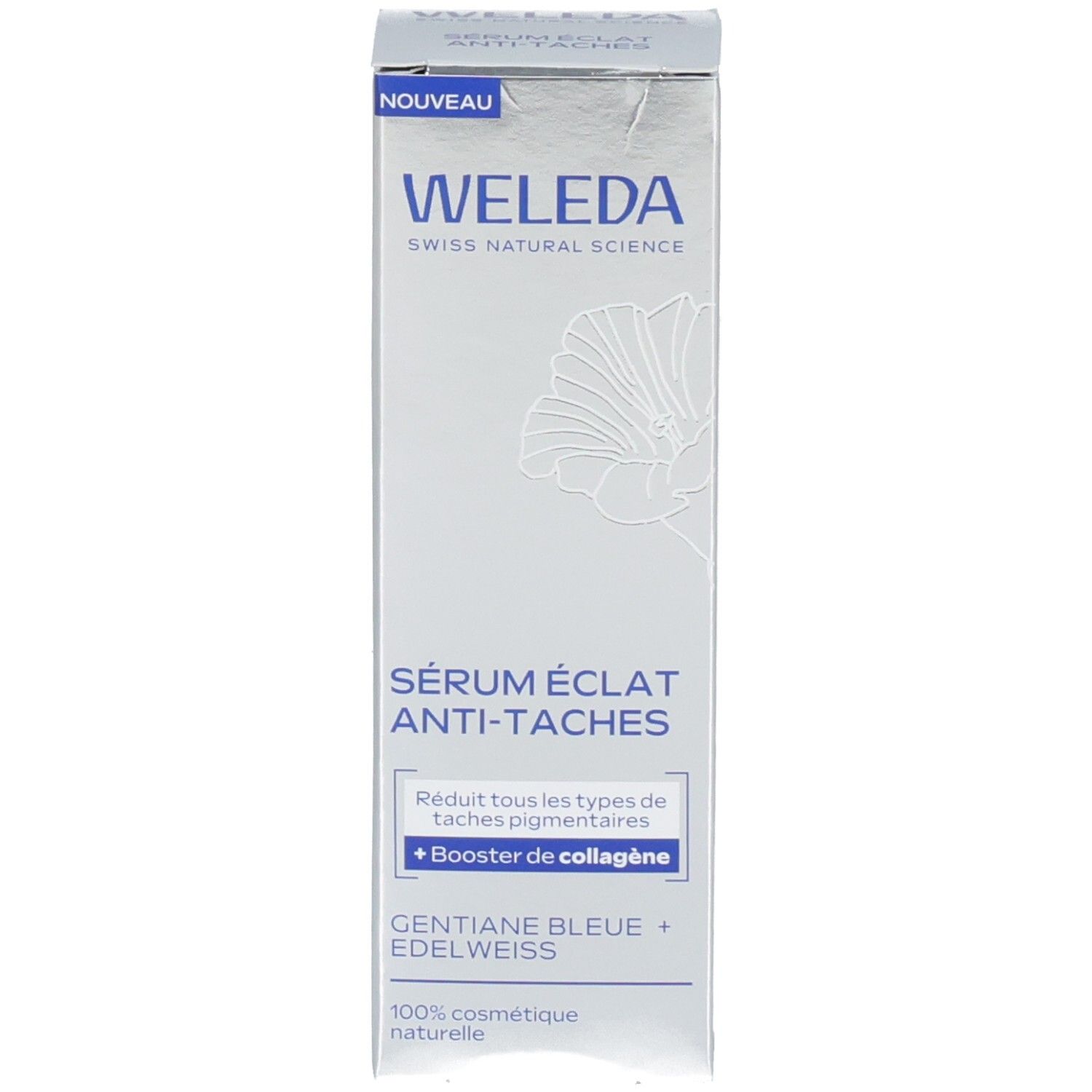 Emballage du produit. Inscription : WELEDA, Sérum éclat anti-taches. Texte bleu : Réduit les taches pigmentaires. Avec booster.