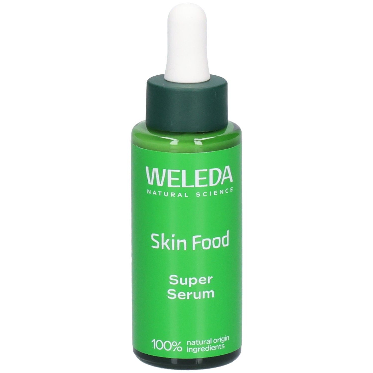 Flacon vert avec compte-gouttes blanc. Inscription: WELEDA, Skin Food Super Serum. 100% ingrédients naturels.