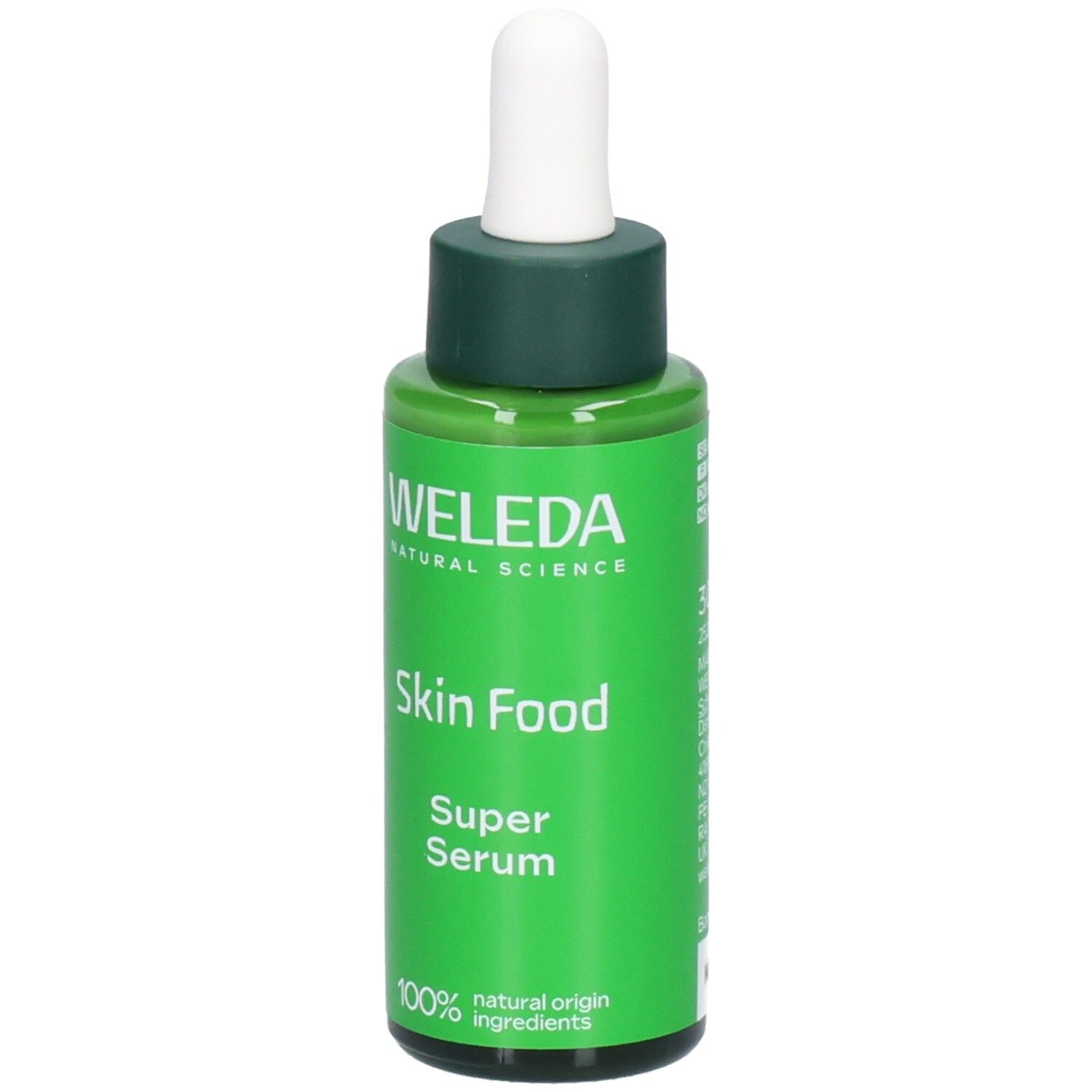 Flacon vert avec compte-gouttes blanc. Inscription: WELEDA, Skin Food Super Serum. 100% ingrédients naturels.