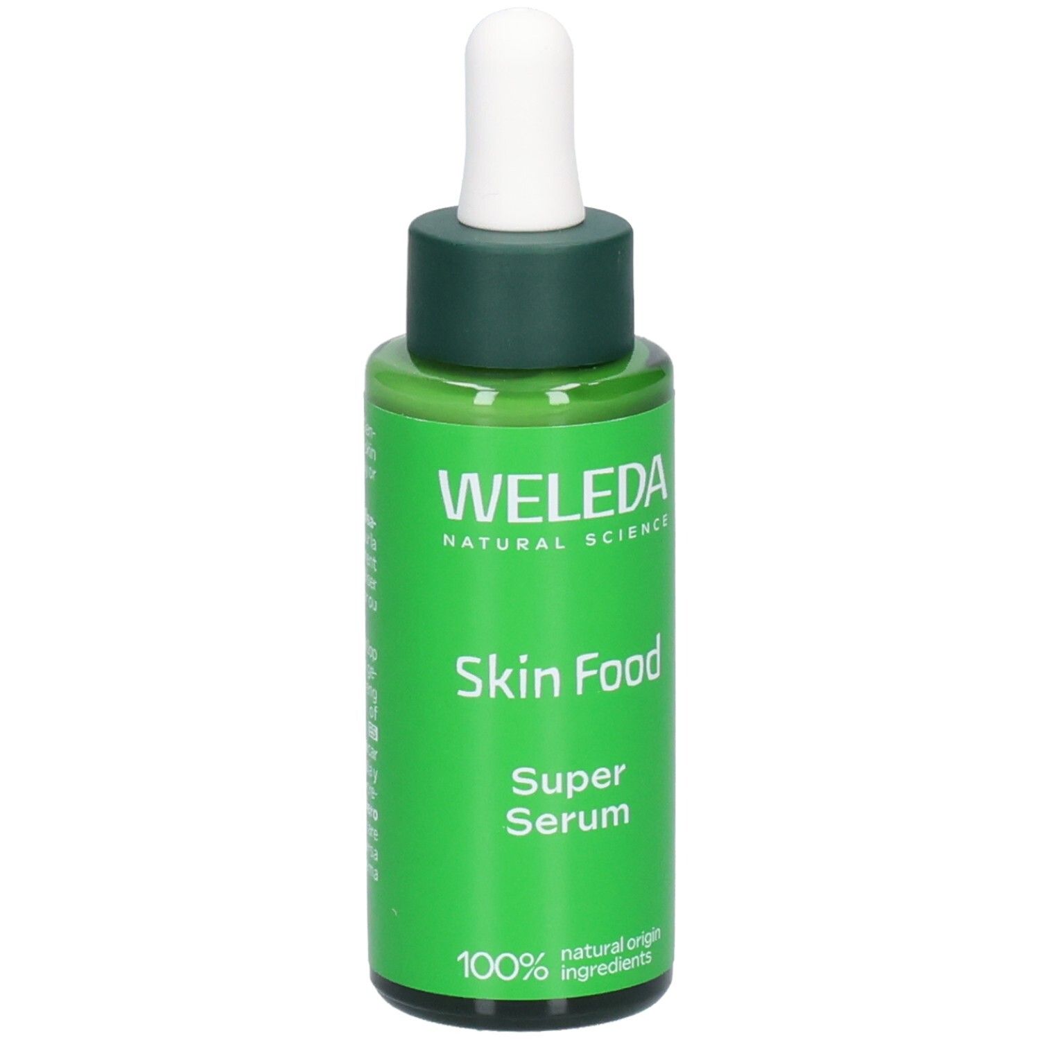 Flacon vert avec compte-gouttes blanc. Inscription: WELEDA, Skin Food Super Serum. 100% ingrédients naturels.