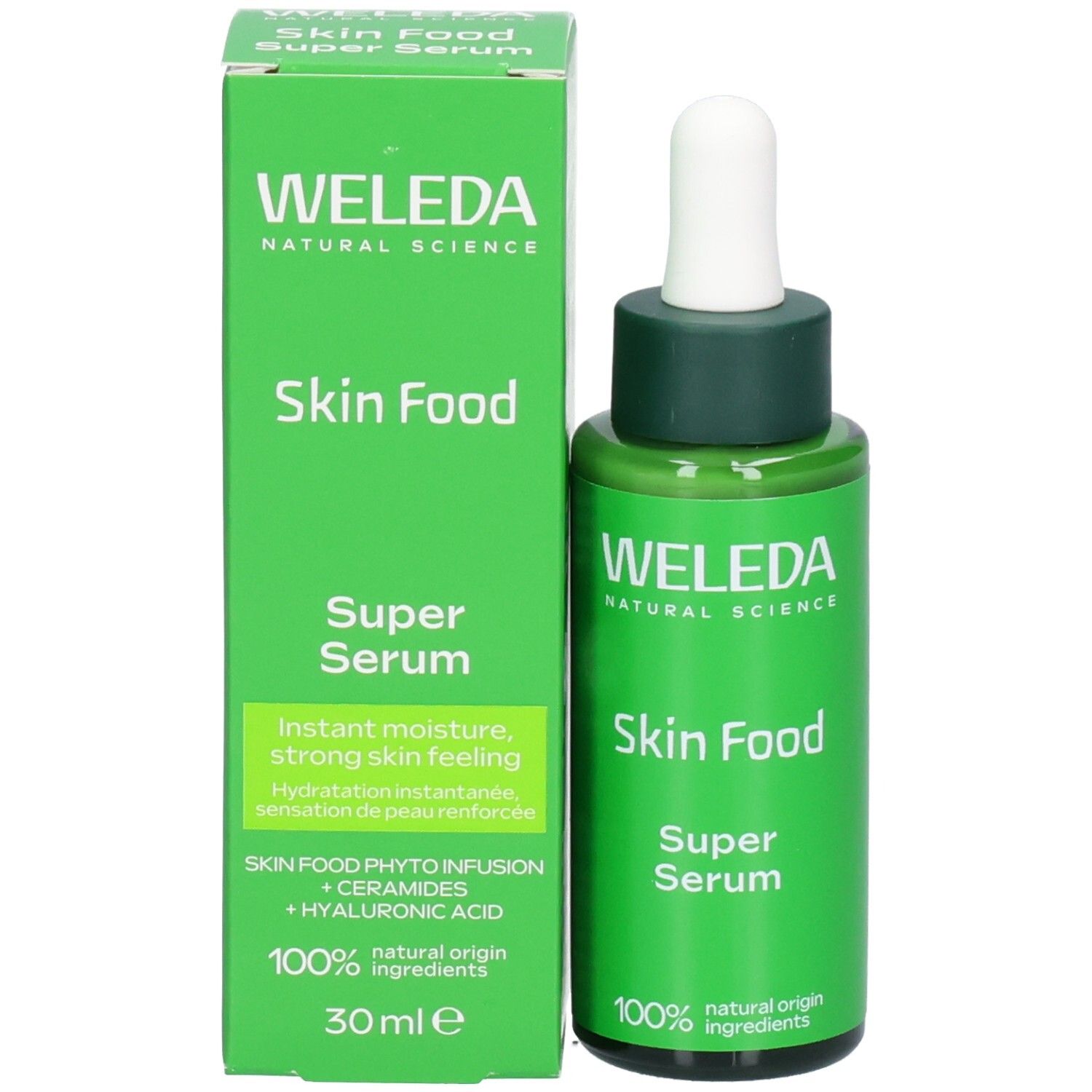 Flacon et boîte verts. Inscription: WELEDA, Skin Food Super Serum. 30 ml. Informations supplémentaires.