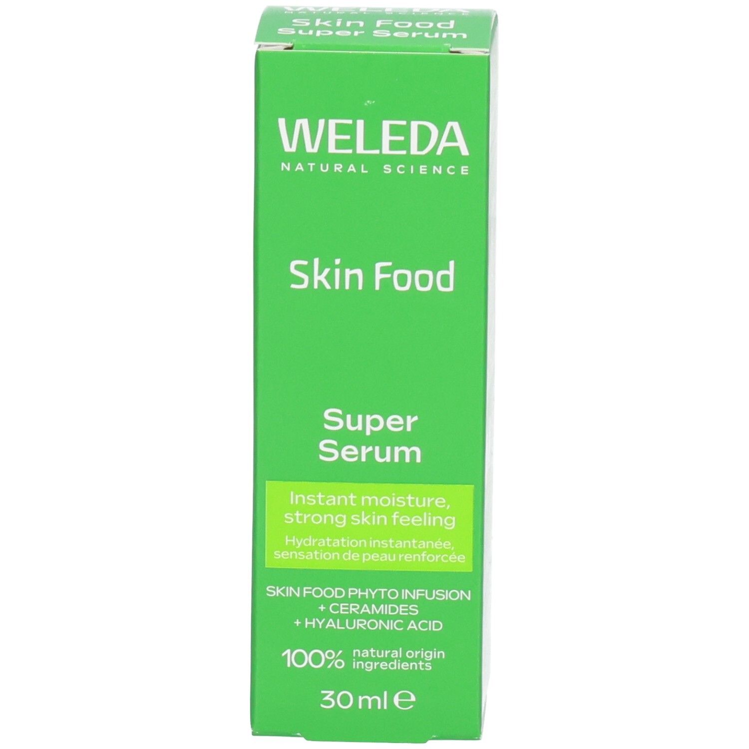 Boîte verte. Inscription: WELEDA, Skin Food Super Serum. 30 ml. Informations supplémentaires.