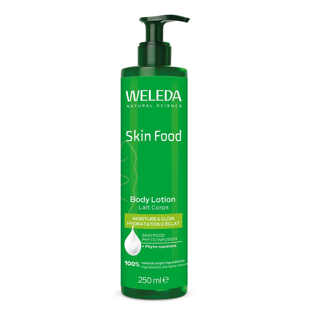 Flacon vert avec pompe noire. Inscription: WELEDA Skin Food Body Lotion. Contient 100% d'ingrédients naturels.