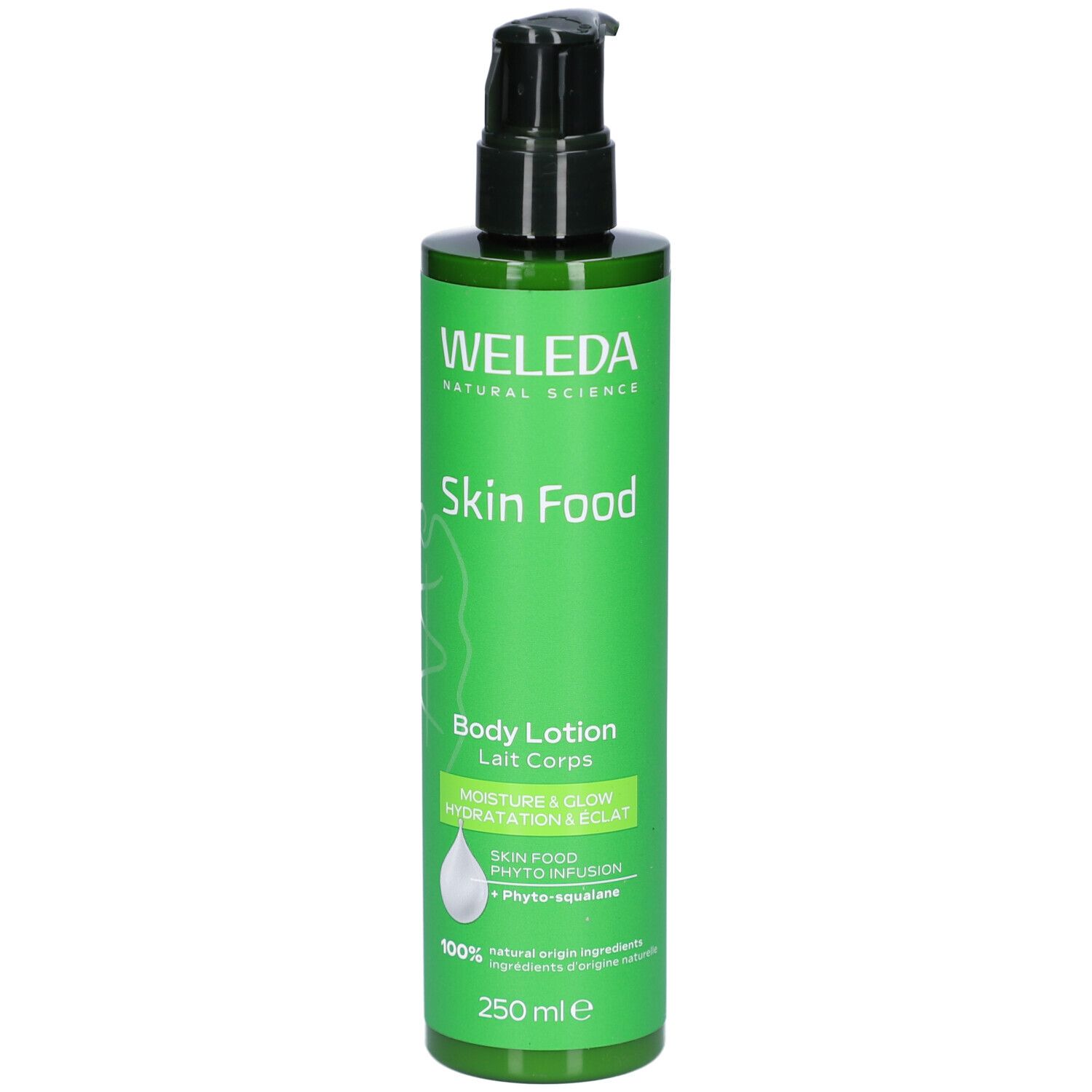 Flacon vert avec pompe noire. Inscriptions: WELEDA, Skin Food, Body Lotion. 250 ml.