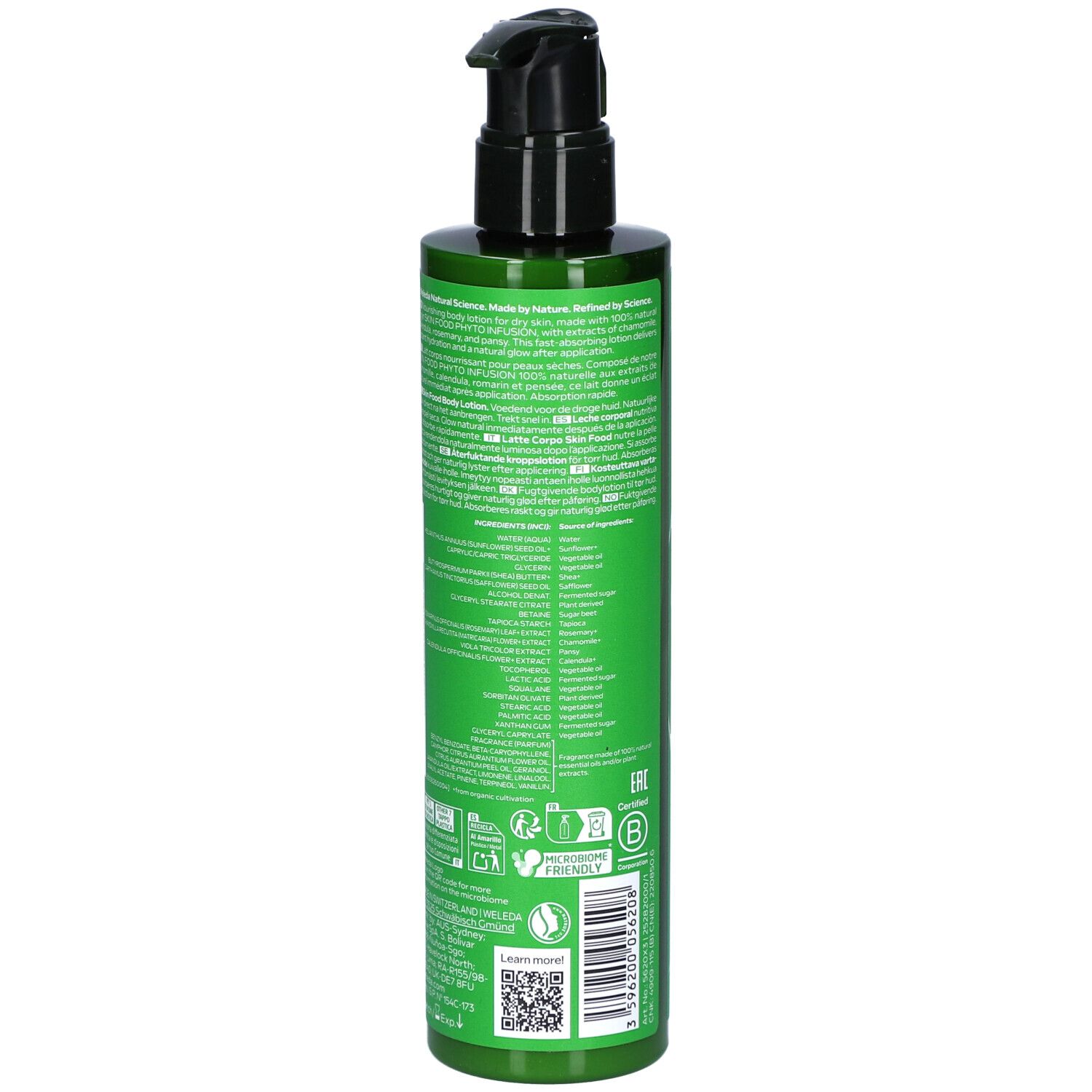 Flacon vert, dos. Pompe noire. Texte multilingue. Logos et code QR.