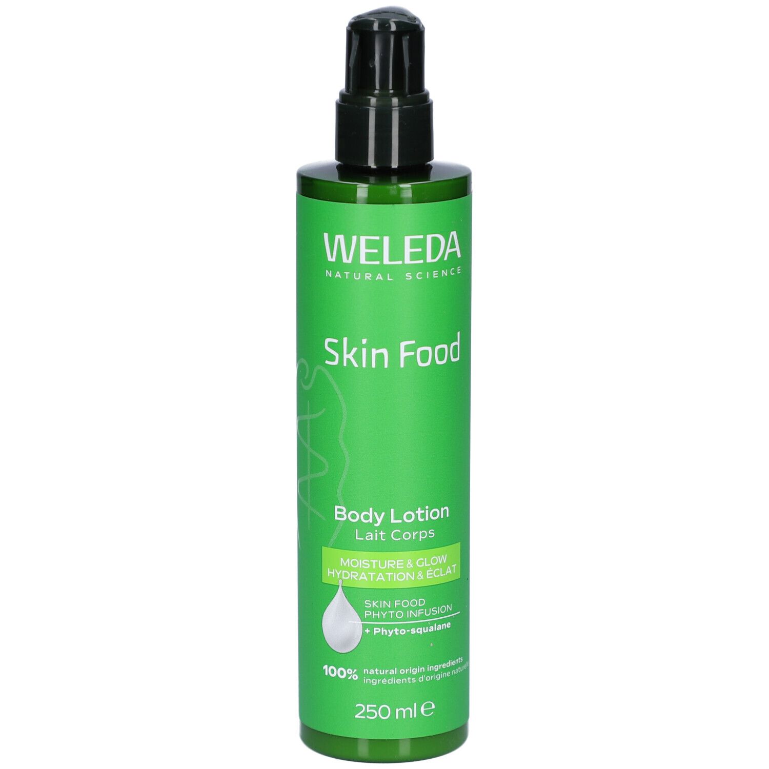 Flacon vert avec pompe noire. Inscriptions: WELEDA, Skin Food, Body Lotion. 250 ml.