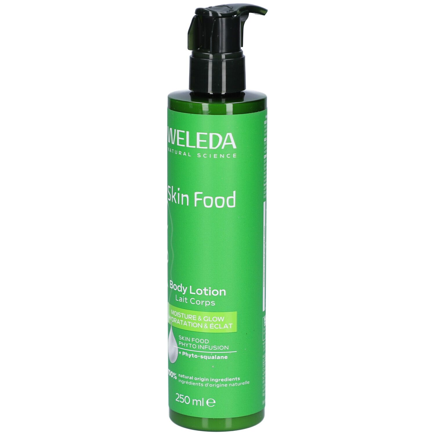 Flacon vert avec pompe noire. Inscriptions: WELEDA, Skin Food, Body Lotion. 250 ml.