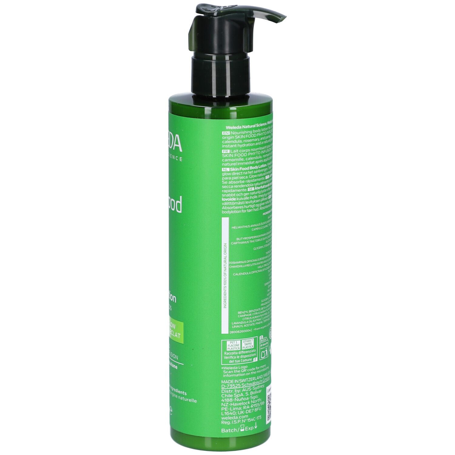 Flacon vert, vue latérale. Pompe noire. Inscriptions: WELEDA, Skin Food, Body Lotion. Étiquettes.