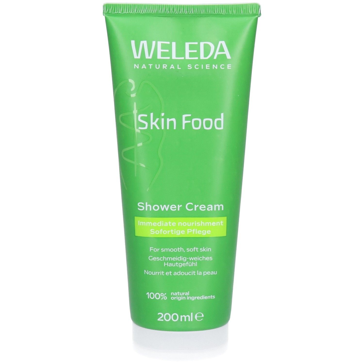 Tube verte avec texte blanc. "WELEDA" et "Skin Food" sont visibles. "Shower Cream" et "200ml" sont également présents.