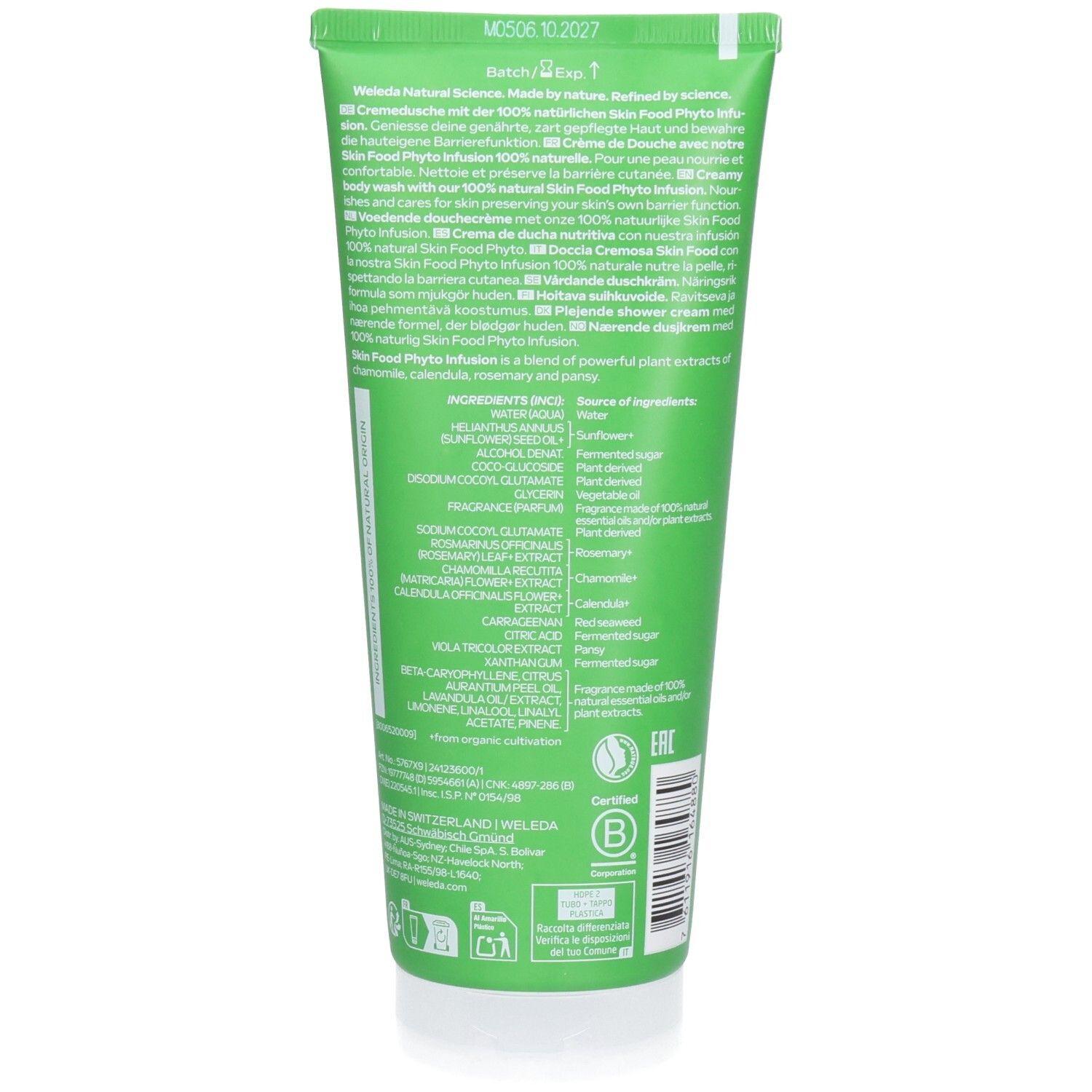 Dos du tube vert. Texte multilingue. Ingrédients et certifications visibles.