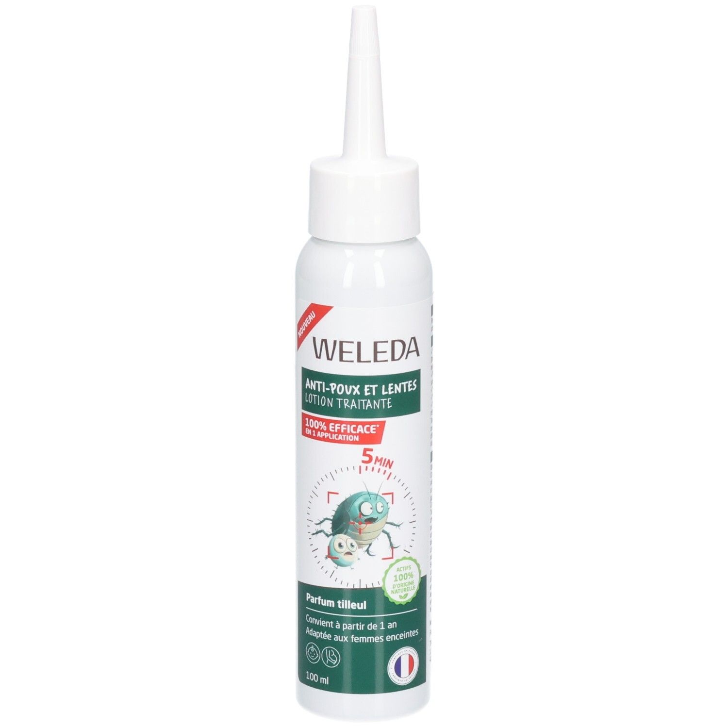 Flacon blanc avec applicateur pointu. Inscription: WELEDA, Anti-Poux et Lentes Lotion Traitante. Illustration d'insectes.