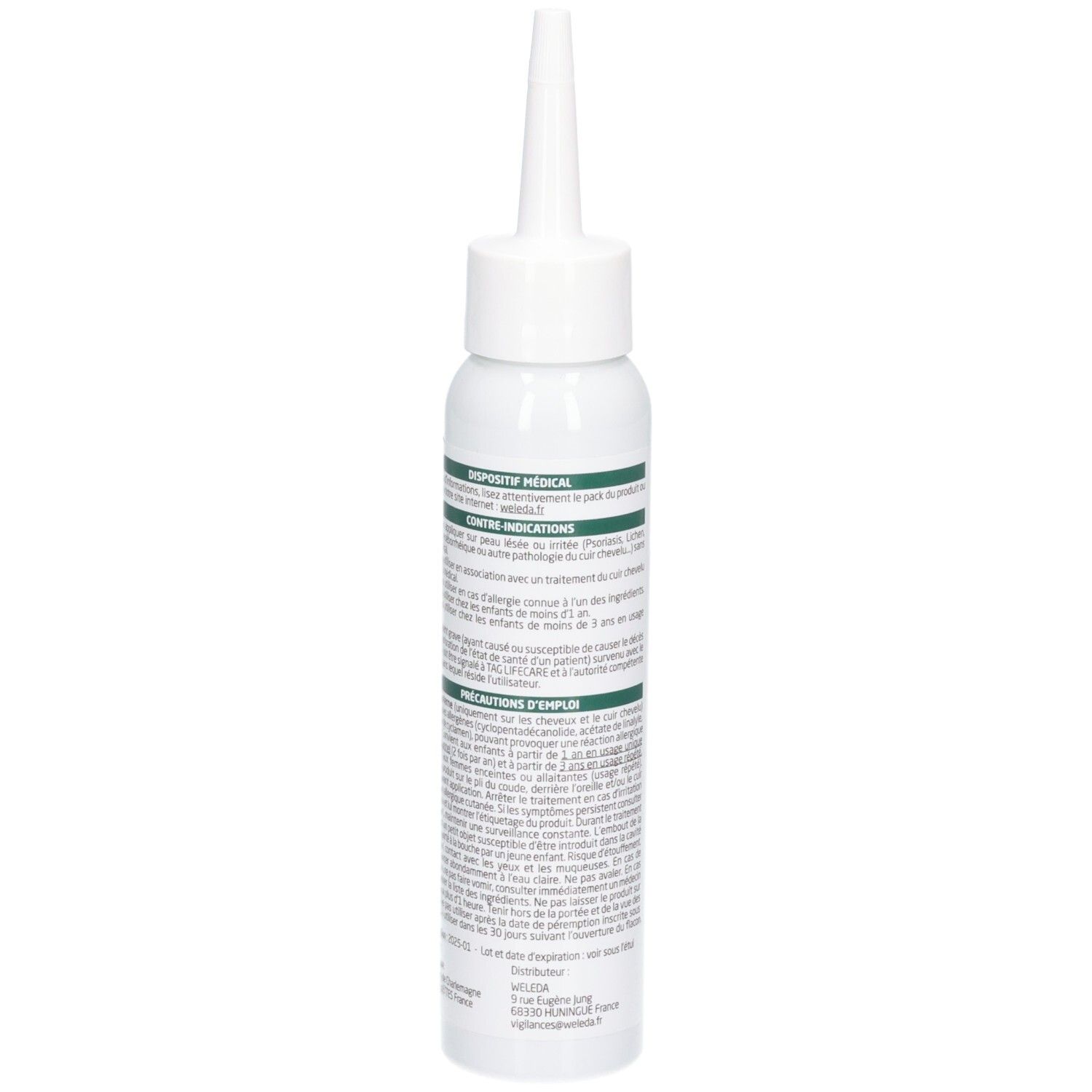 Flacon blanc avec texte. Inscription: WELEDA, Anti-Poux et Lentes Lotion Traitante. Vue arrière avec texte.