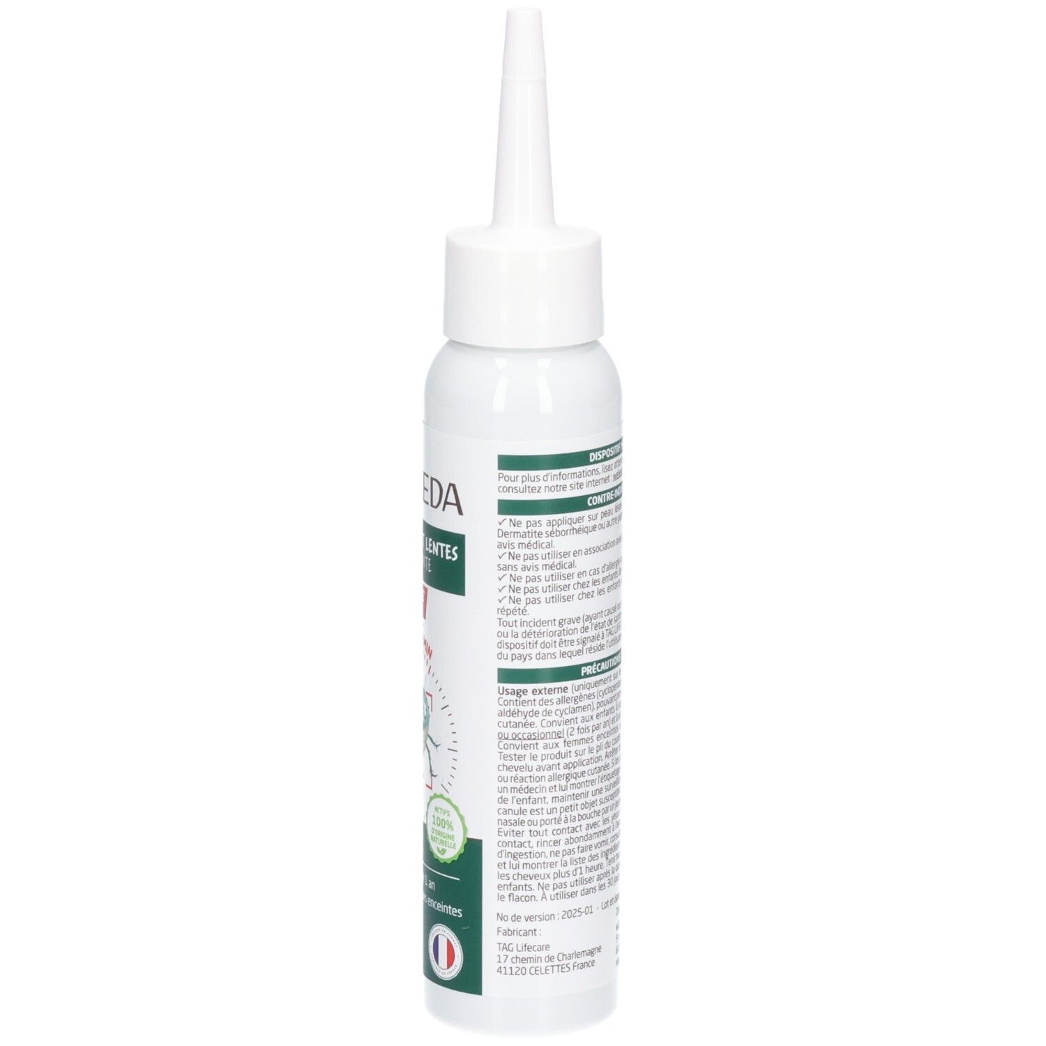 Flacon blanc avec texte. Inscription: WELEDA, Anti-Poux et Lentes Lotion Traitante. Vue latérale avec texte.