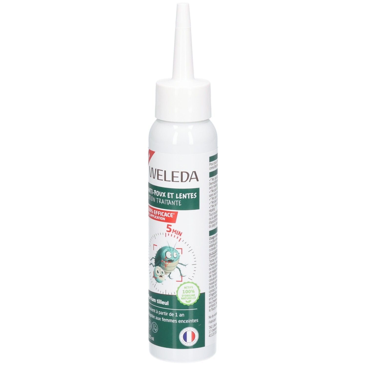Flacon blanc avec applicateur pointu. Inscription: WELEDA, Anti-Poux et Lentes Lotion Traitante. Illustration d'insectes.