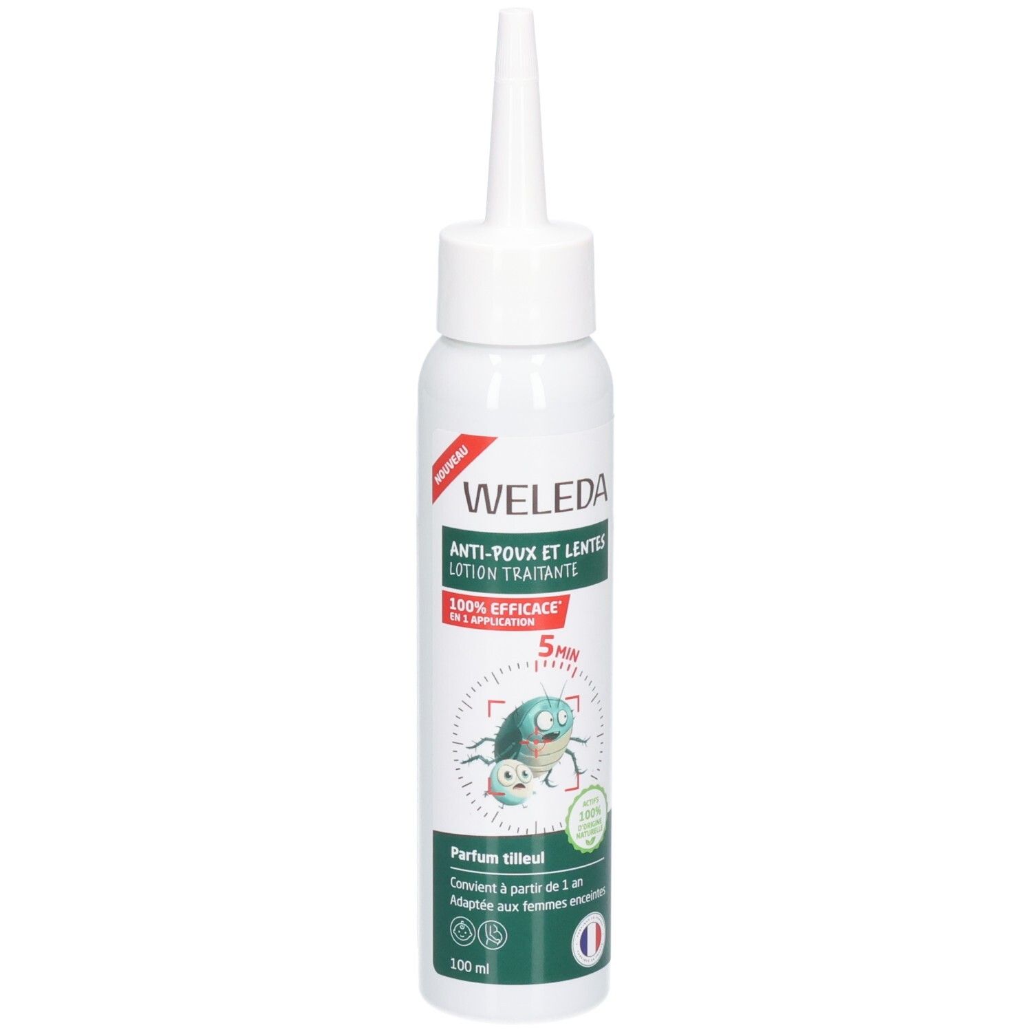 Flacon blanc avec applicateur pointu. Inscription: WELEDA, Anti-Poux et Lentes Lotion Traitante. Illustration d'insectes.