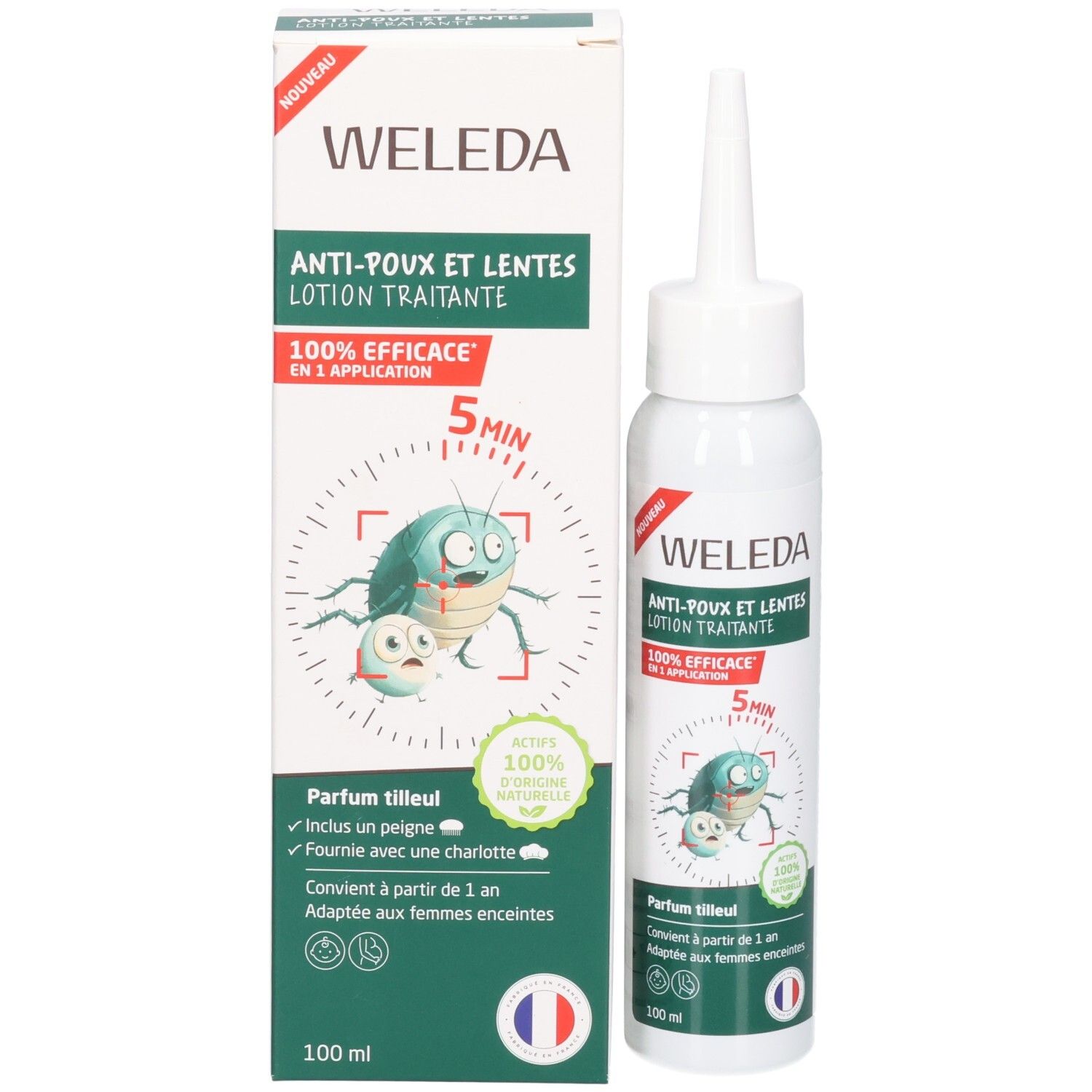 Produit et emballage. Inscription: WELEDA, Anti-Poux et Lentes Lotion Traitante. Avec peigne.