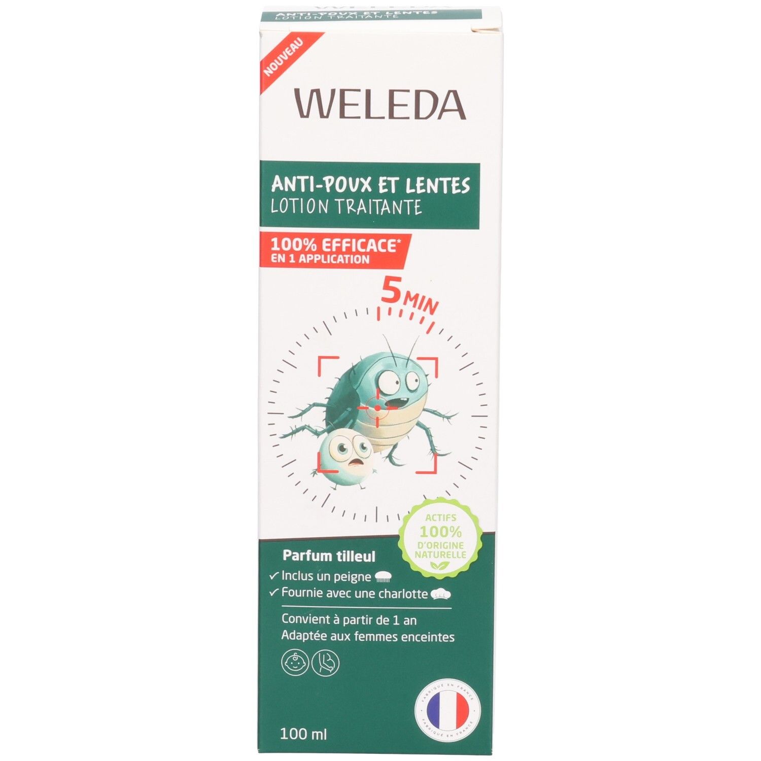 Emballage. Inscription: WELEDA, Anti-Poux et Lentes Lotion Traitante. Avec peigne.