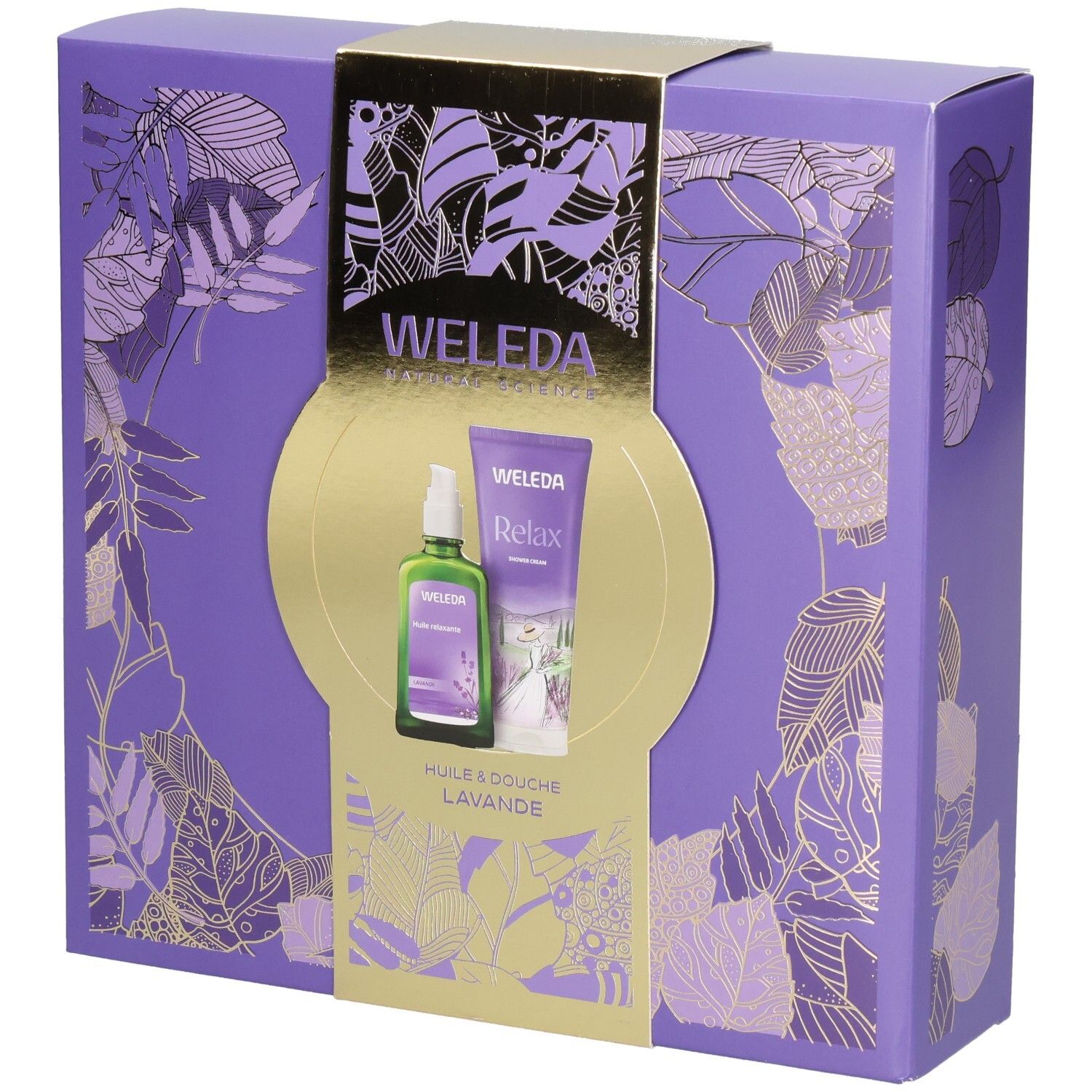 Coffret cadeau WELEDA avec huile de lavande et crème de douche dans une boîte violette à motifs de feuilles.