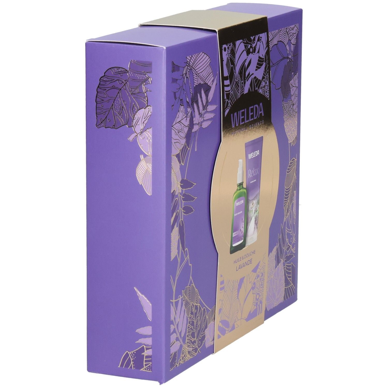 Vue latérale du coffret cadeau WELEDA avec produits à la lavande, violet avec des ornements dorés de feuilles.