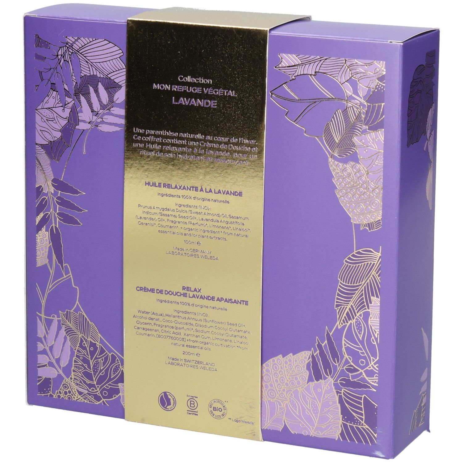 Arrière du coffret cadeau WELEDA avec informations sur le produit et sceaux, violet avec motif de feuilles.