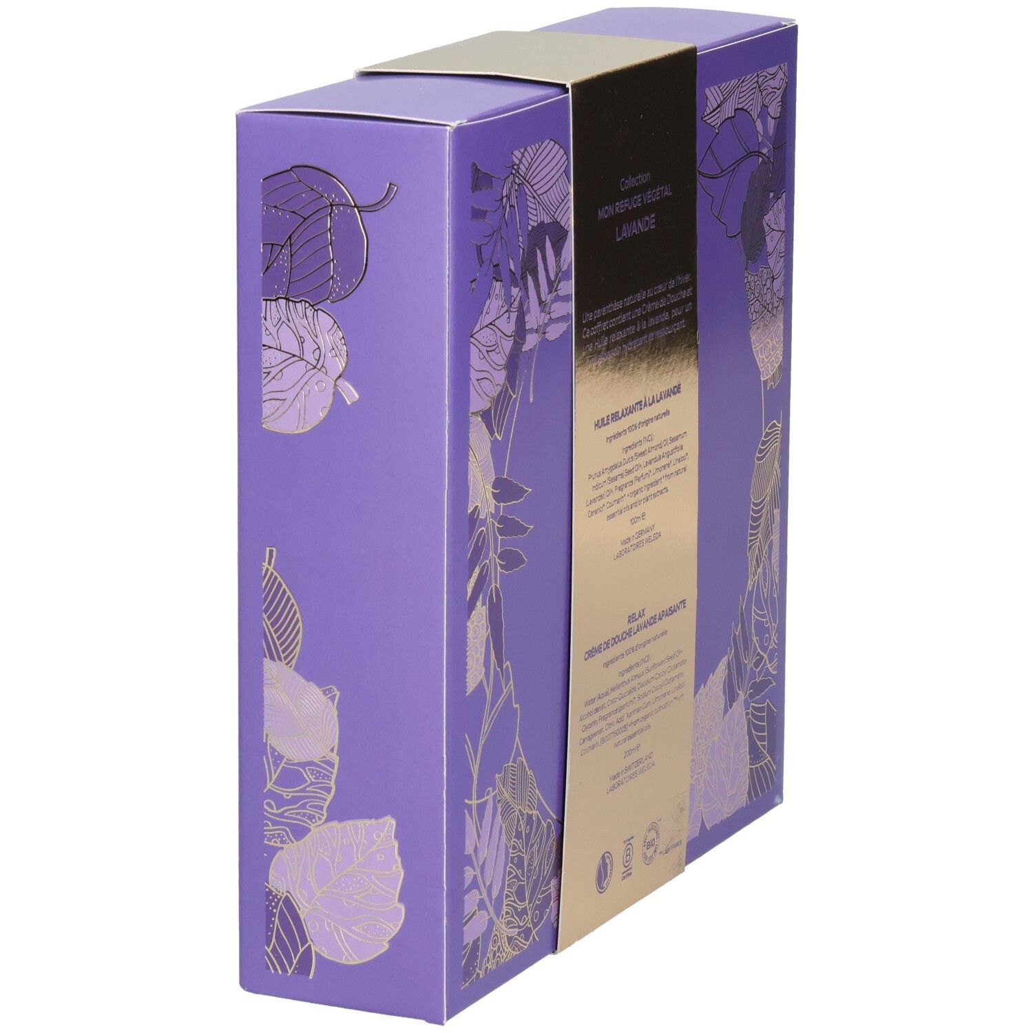 Vue latérale du coffret cadeau WELEDA, arrière avec informations produit, violet avec motif de feuilles.