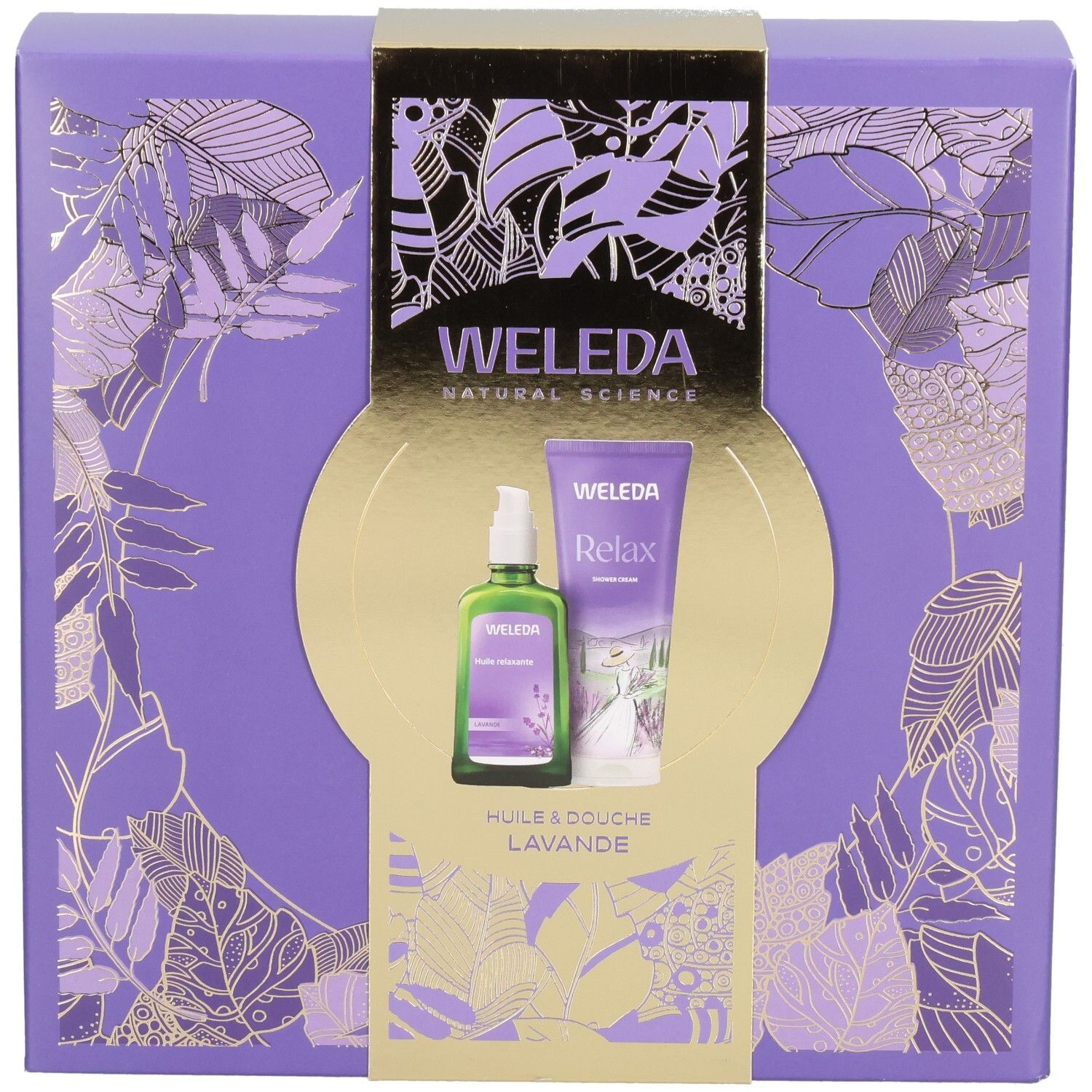 Coffret cadeau WELEDA avec huile de lavande et crème de douche, vue de face sur boîte violette à motifs de feuilles.