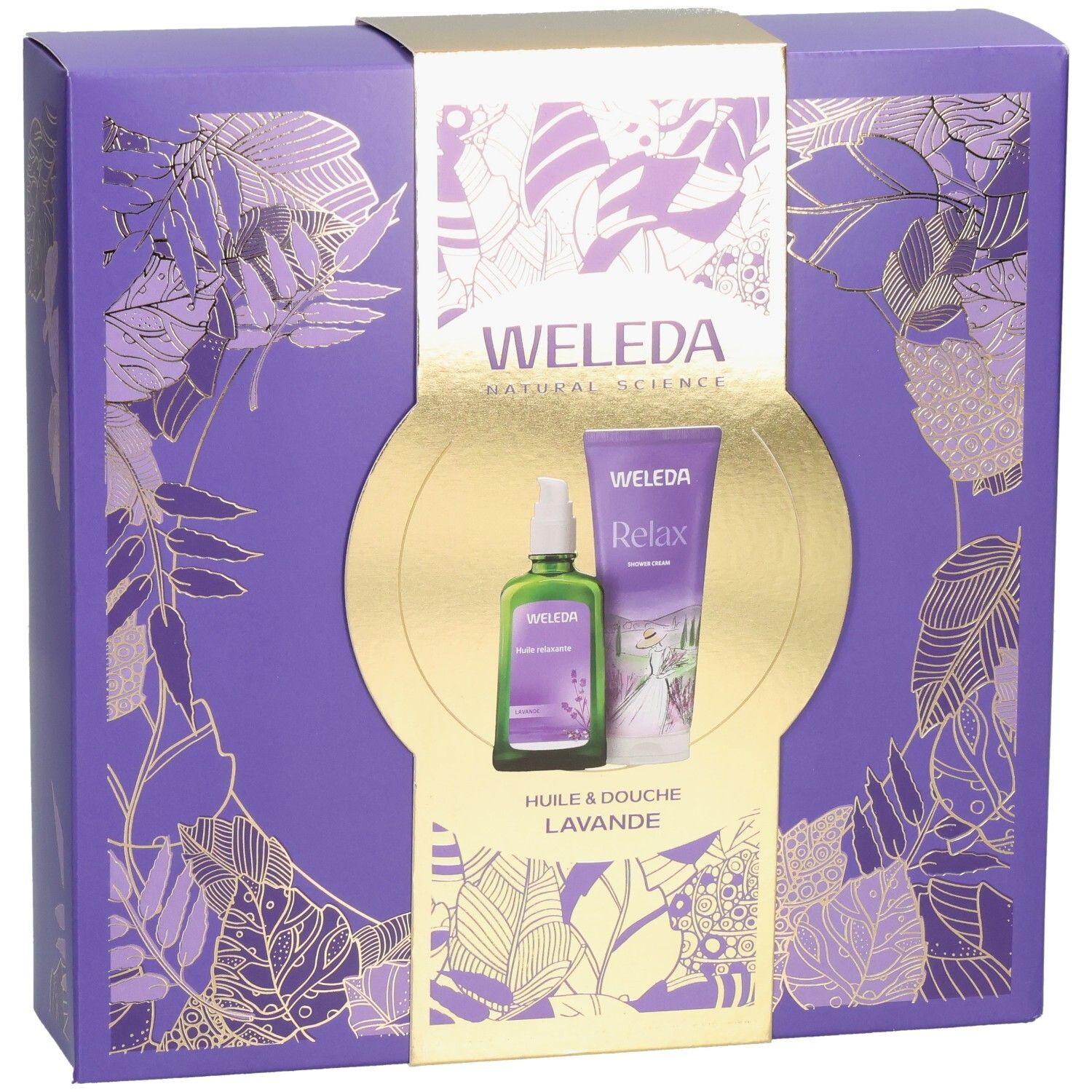 Coffret cadeau WELEDA avec huile de lavande et crème de douche, vue de face sur boîte violette à motifs de feuilles.