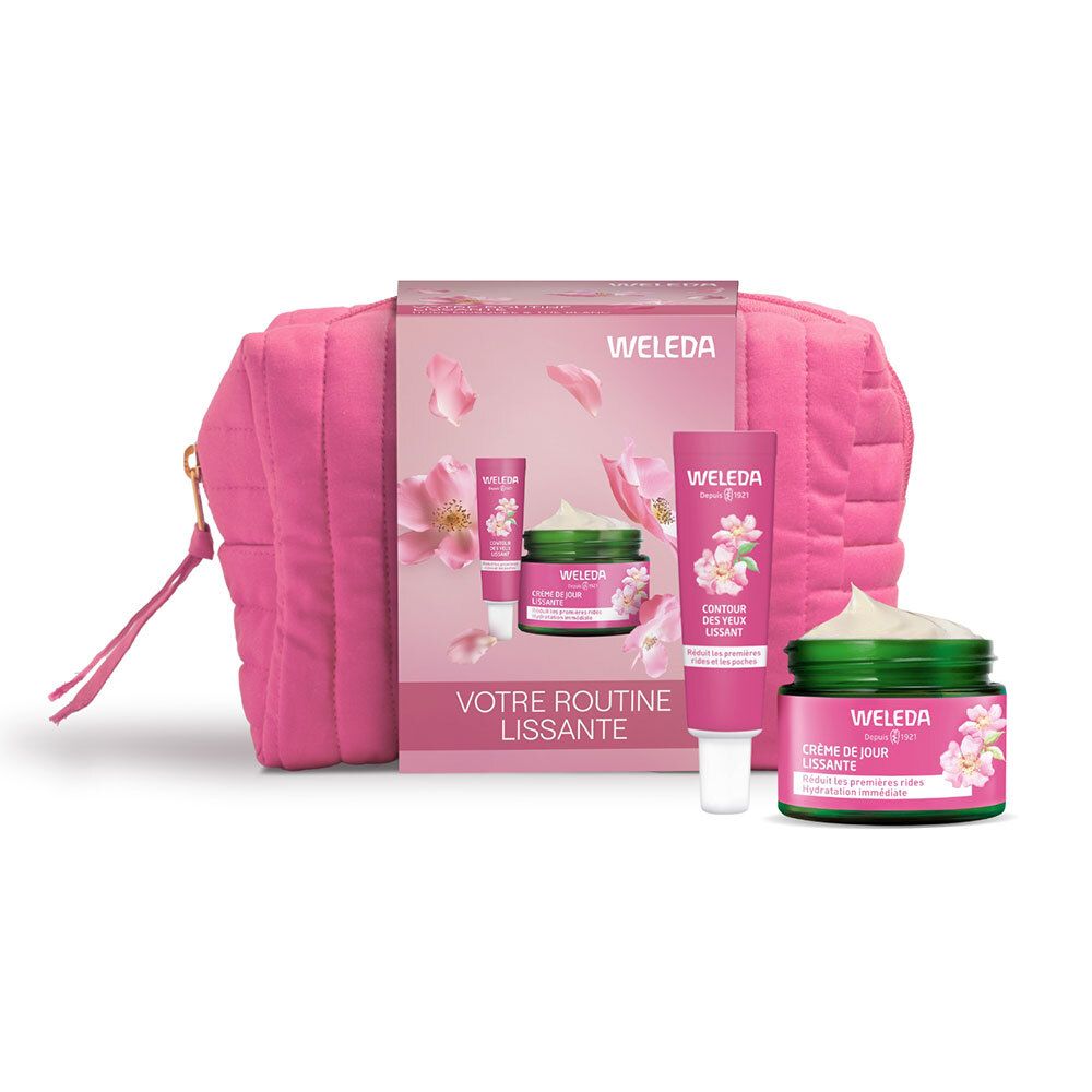 Trousse de toilette rose avec produits. Inscription: WELEDA, Votre Routine Lissante. Contient crème, baume à lèvres et contour des yeux.