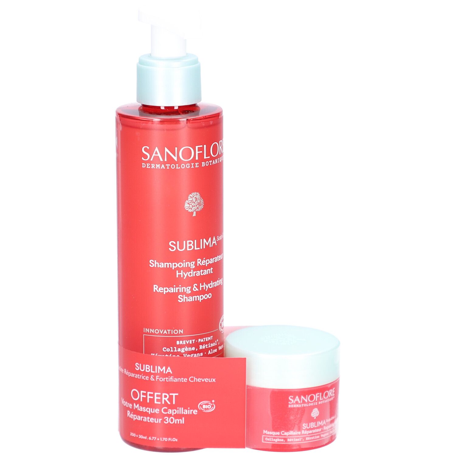 Shampooing et masque rouges. Flacon de shampooing avec pompe, masque en pot. Texte: SANOFLORE, SUBLIMA, Shampooing Réparateur, Masque Capillaire.