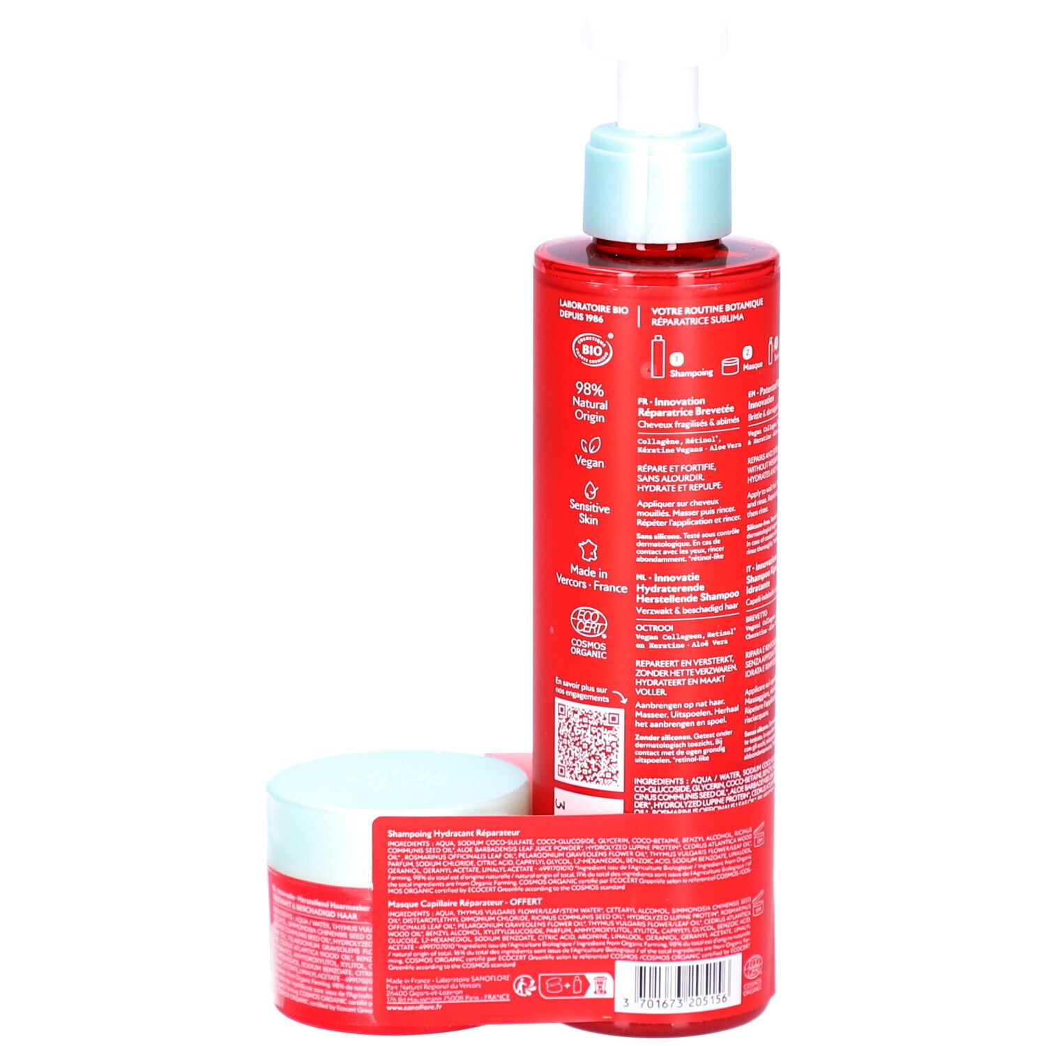 Shampooing et masque rouges. Flacon et pot. Texte: SANOFLORE, SUBLIMA, Shampooing Réparateur, Masque Capillaire. Dos avec informations.