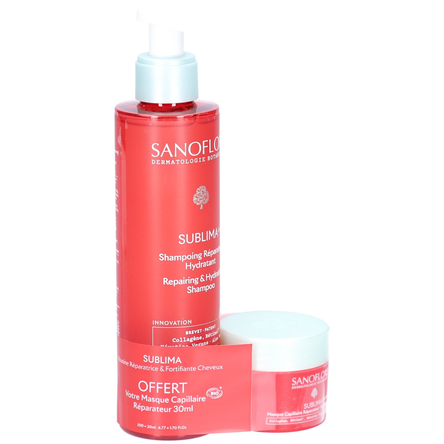 Shampooing et masque rouges. Flacon de shampooing avec pompe, masque en pot. Texte: SANOFLORE, SUBLIMA, Shampooing Réparateur, Masque Capillaire.