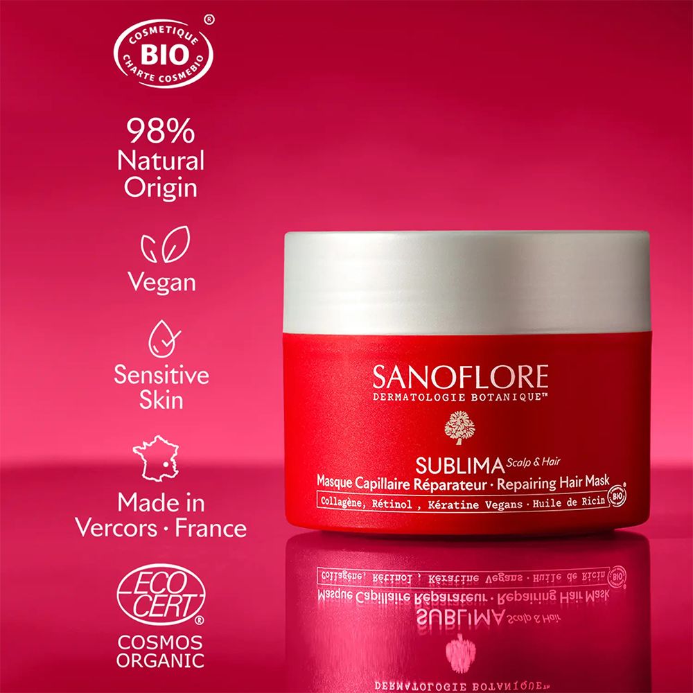 Pot de masque capillaire SANOFLORE Sublima rouge. 98% origine naturelle, vegan, peau sensible. Eco Cert.