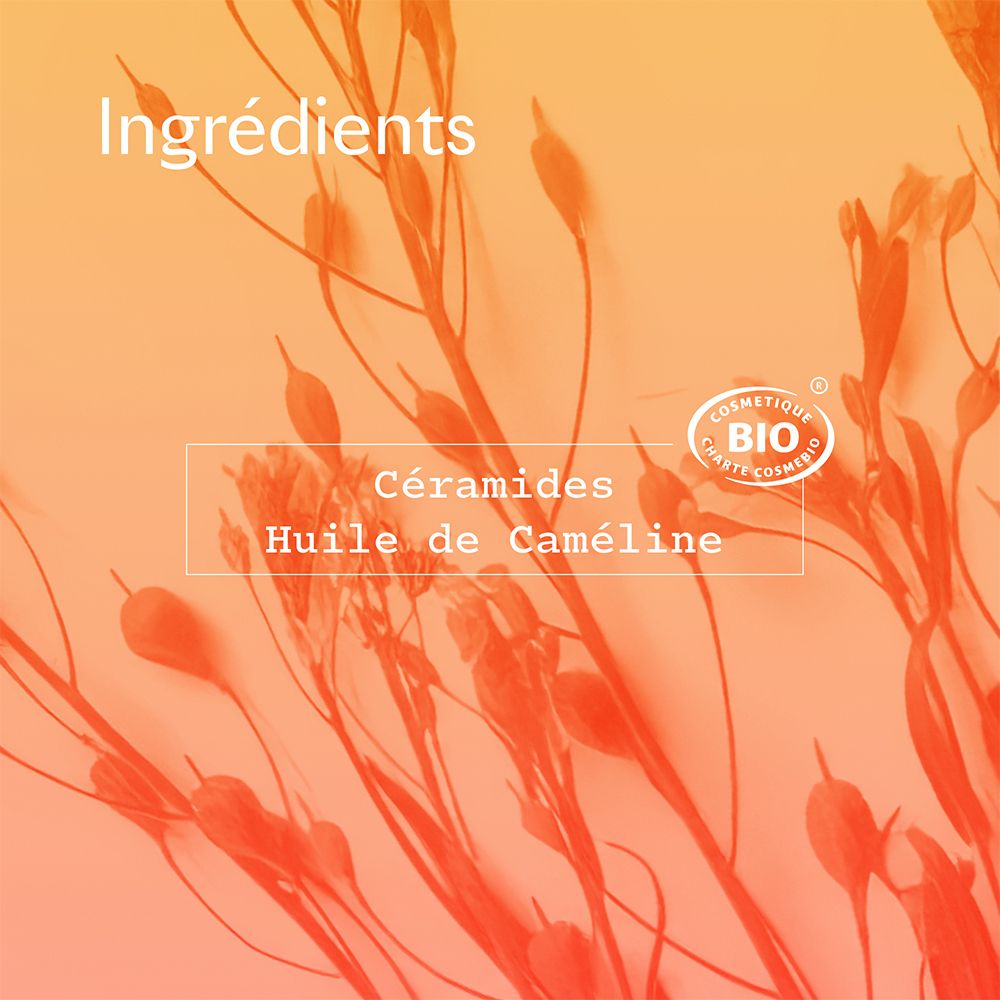 Fond avec plantes. Texte: Ingrédients, Céramides, Huile de Caméline. Certification bio.
