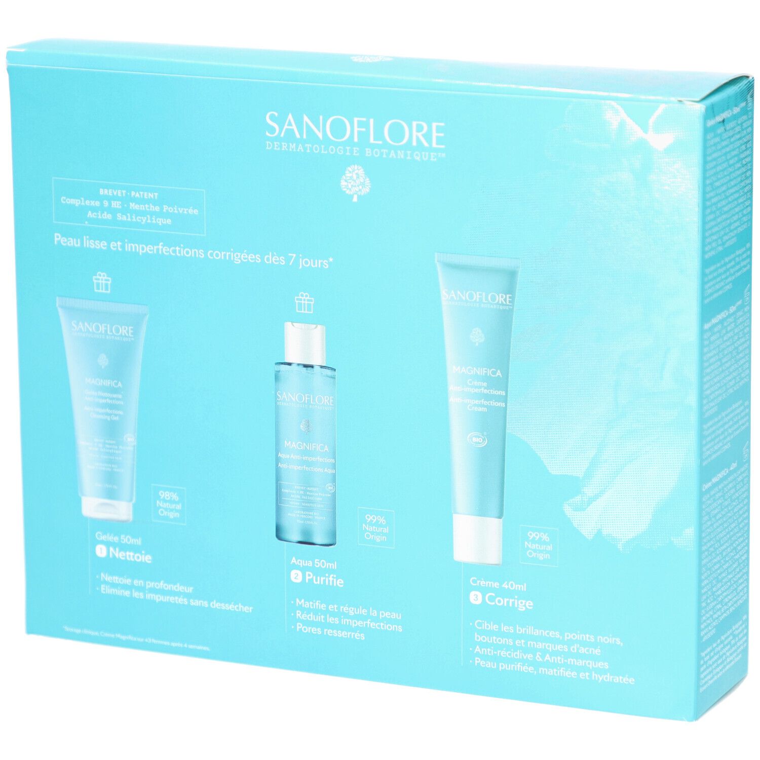 Dos du coffret cadeau SANOFLORE. Contient gel nettoyant, Aqua et crème. Emballage bleu clair avec texte.
