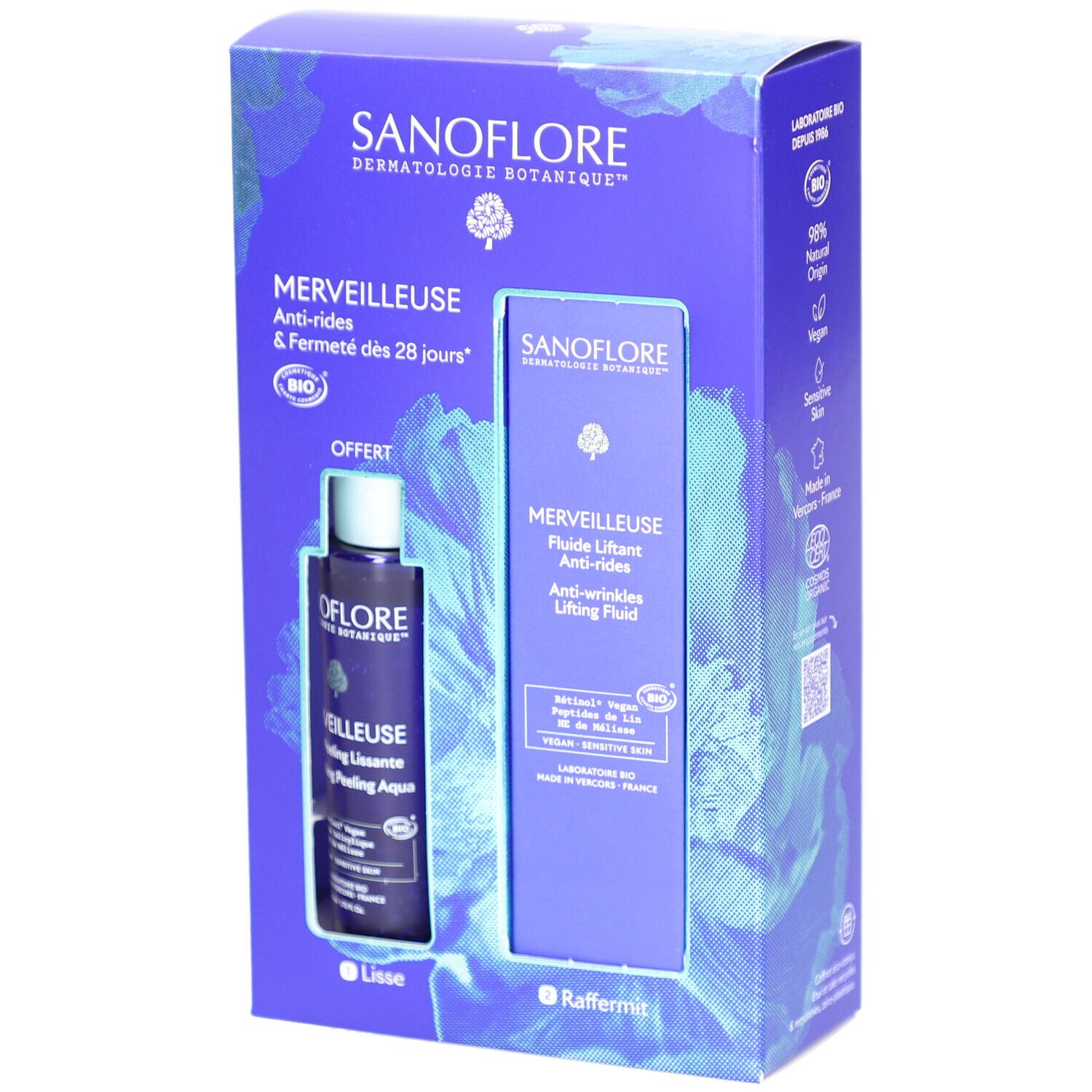 Coffret cadeau avec deux produits. Contient une bouteille et un tube dans une boîte violette. Inscription: SANOFLORE, MERVEILLEUSE.