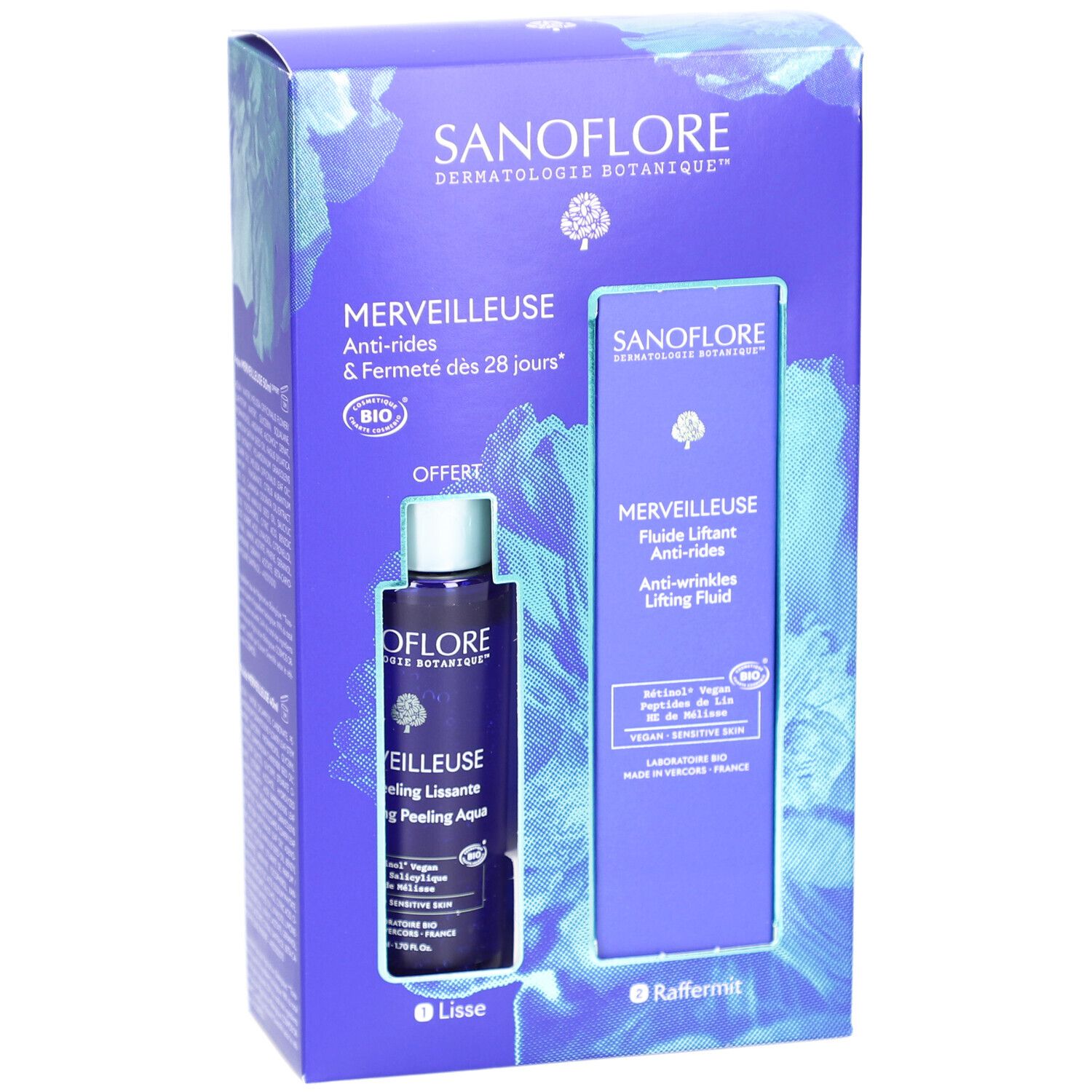 Coffret cadeau avec deux produits. Contient une bouteille et un tube dans une boîte violette. Inscription: SANOFLORE, MERVEILLEUSE.