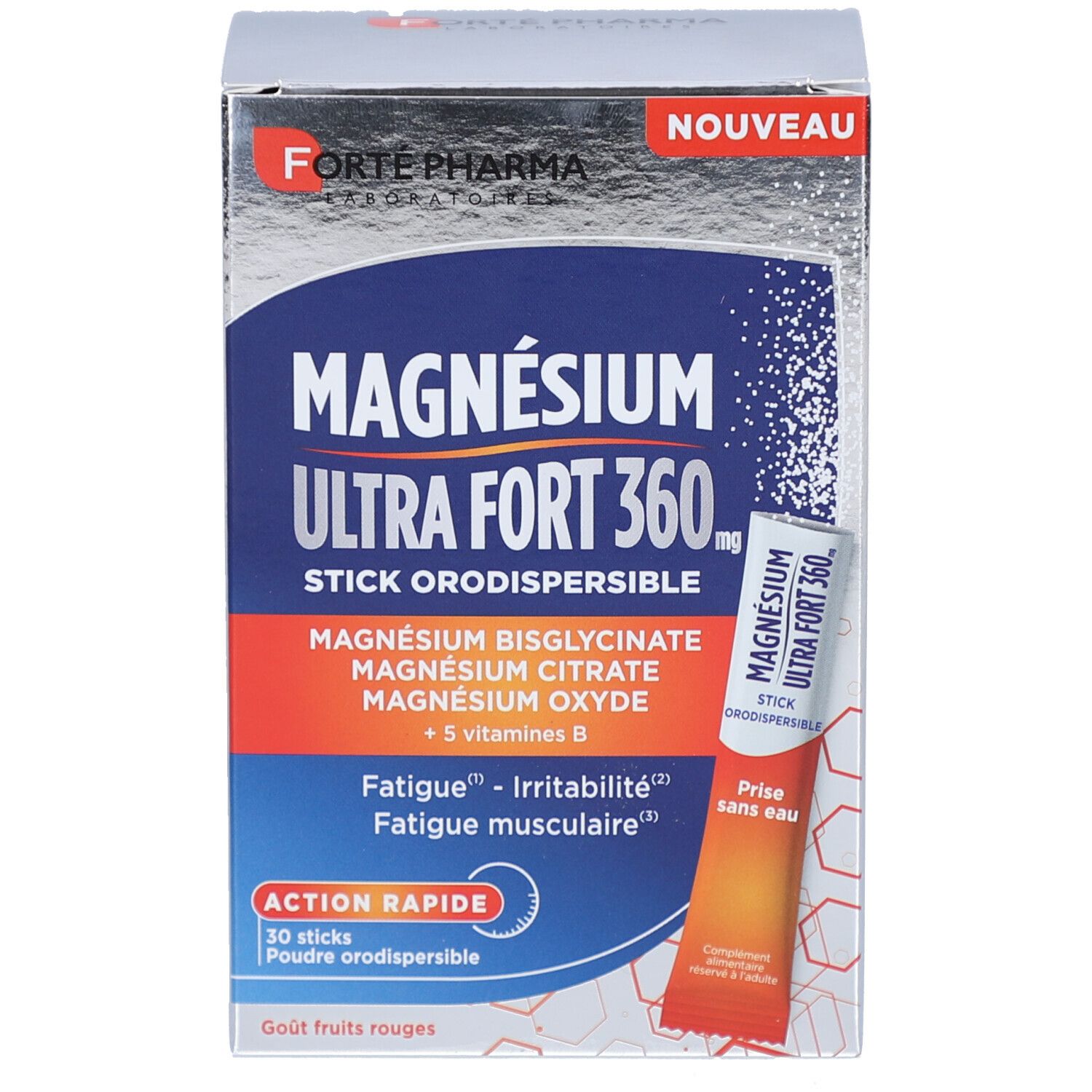 Boîte de sticks MAGNÉSIUM ULTRA FORT 360 mg. Contient 30 sticks. Visible : nom de la marque, nom du produit, ingrédients, indications.